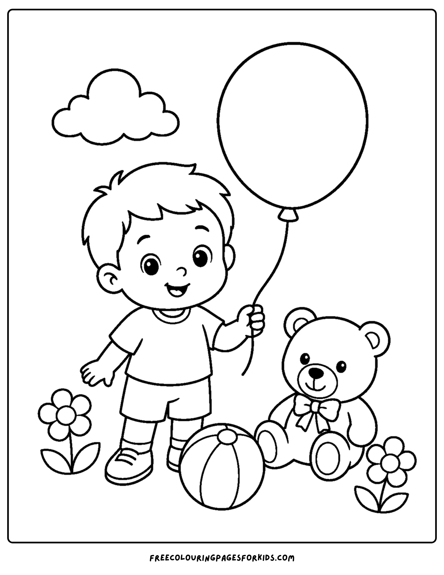 a toddler themed coloring page showing a child holding a big balloon