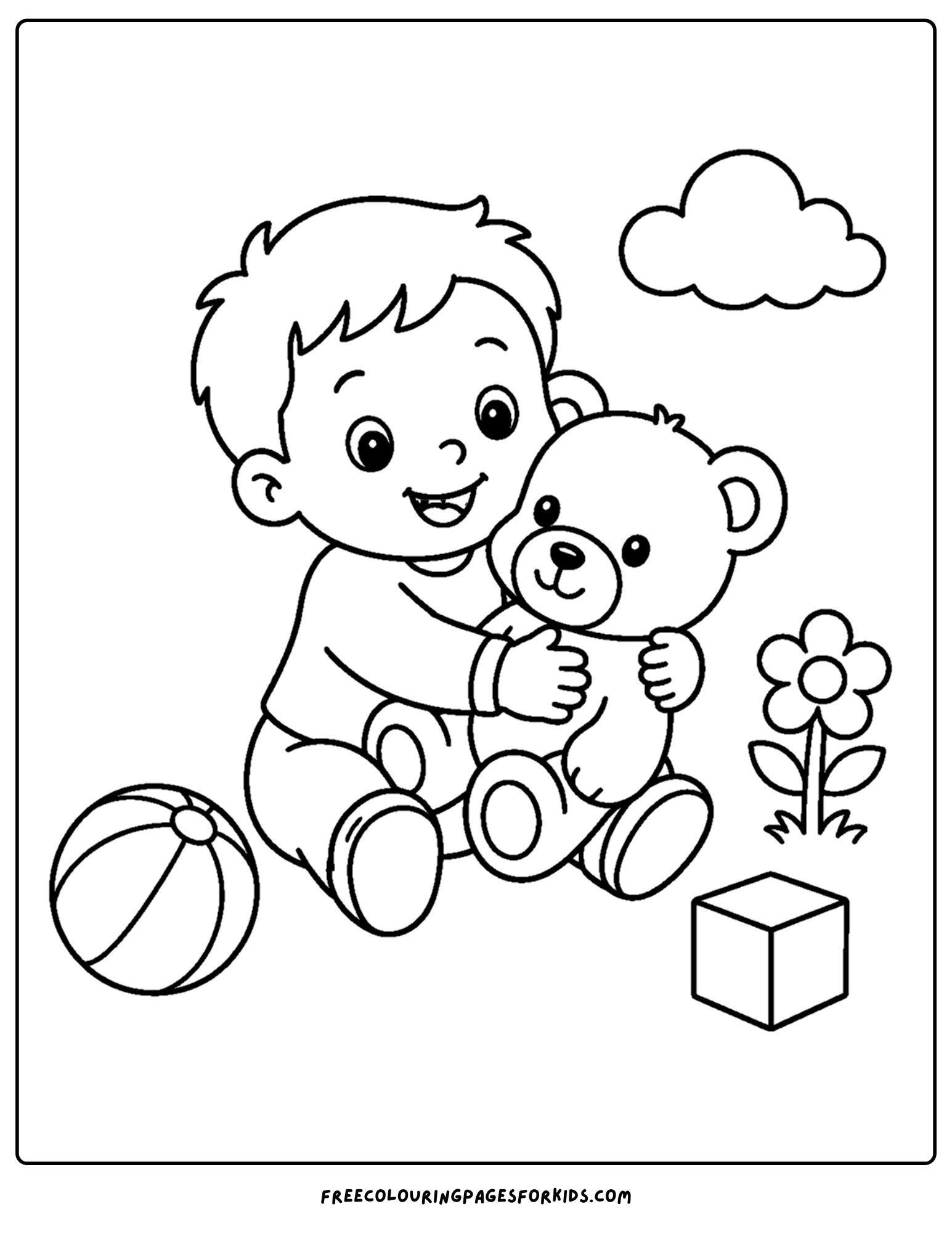 a toddler themed coloring page showing a small child hugging a teddy bear