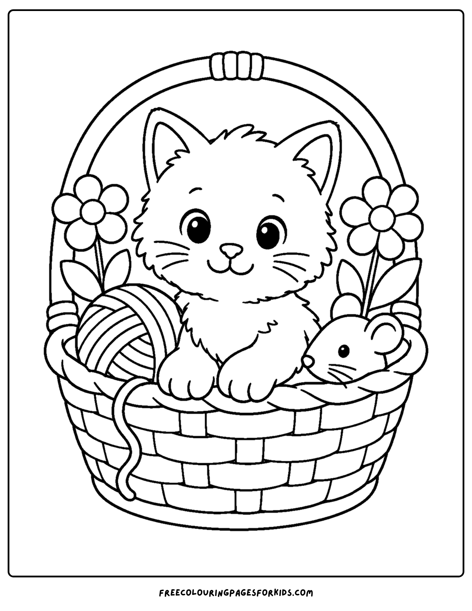 a toddler themed coloring page showing a cute kitten in a basket