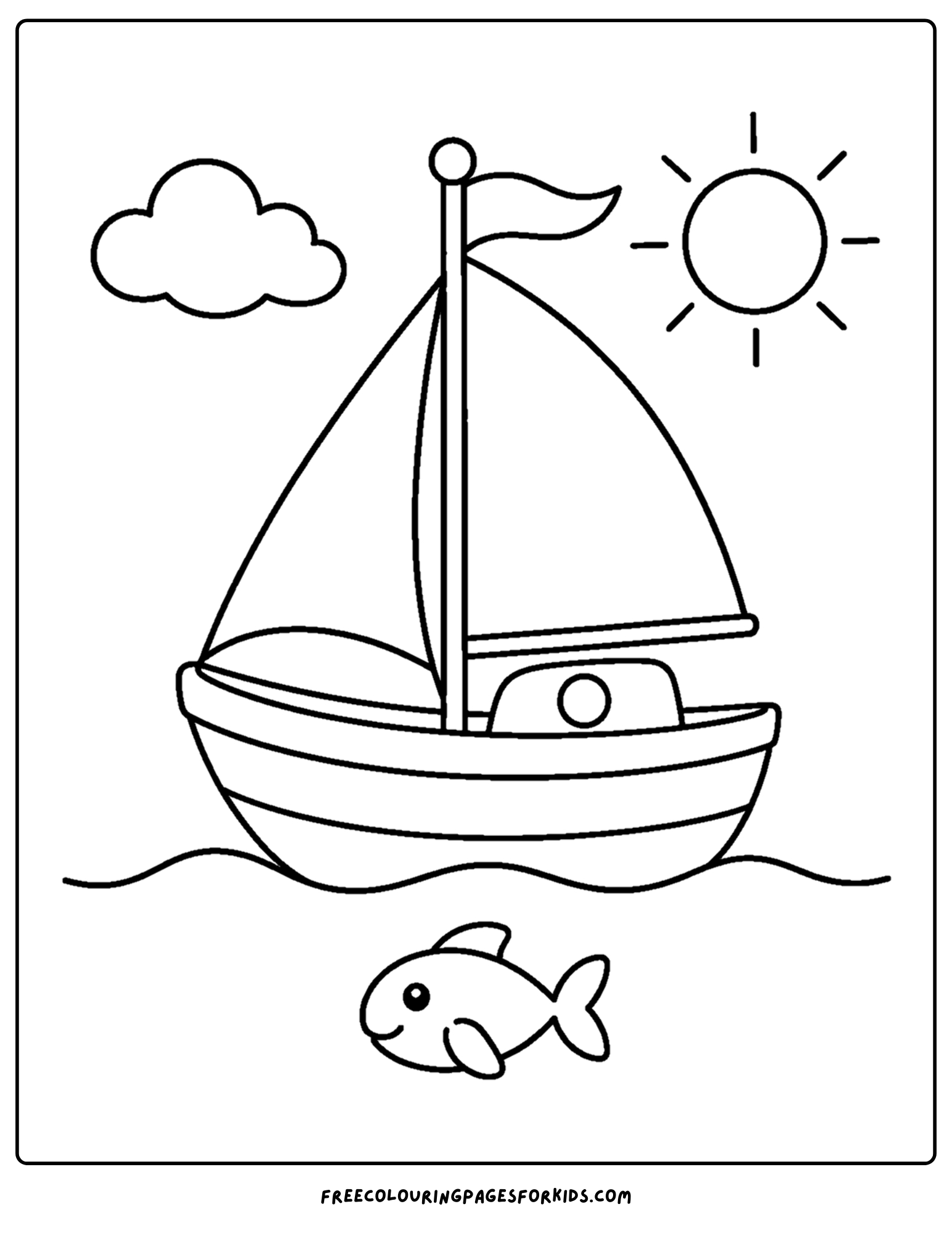 a toddler themed coloring page showing a little sailboat with a fish