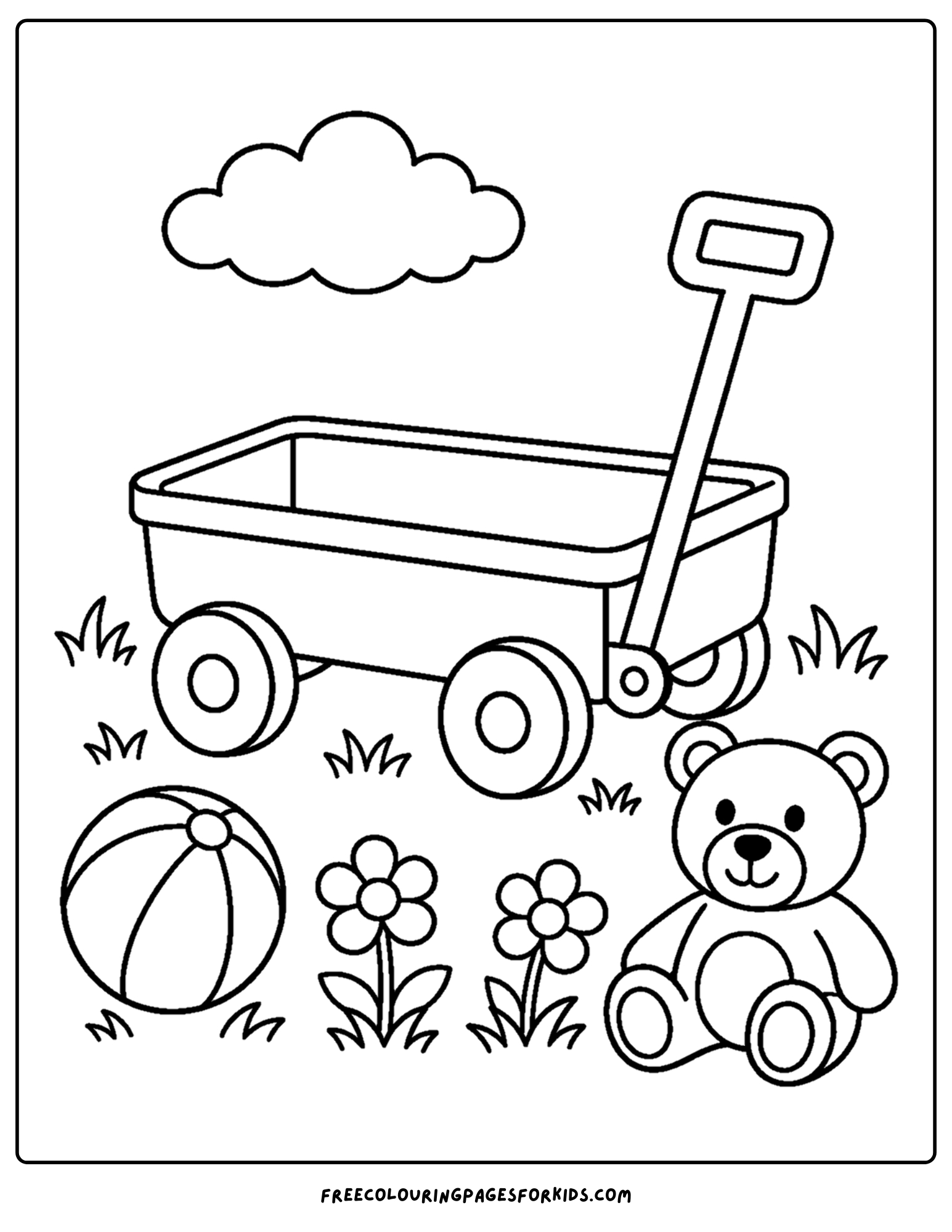 a toddler themed coloring page showing a toy wagon with a teddy bear and ball nearby