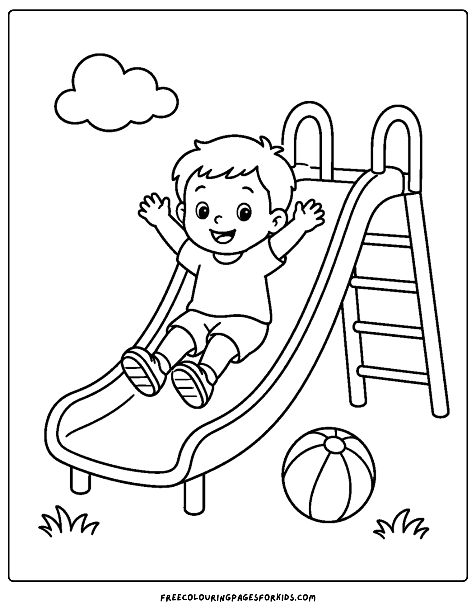 a toddler themed coloring page showing a small child going down a playground slide