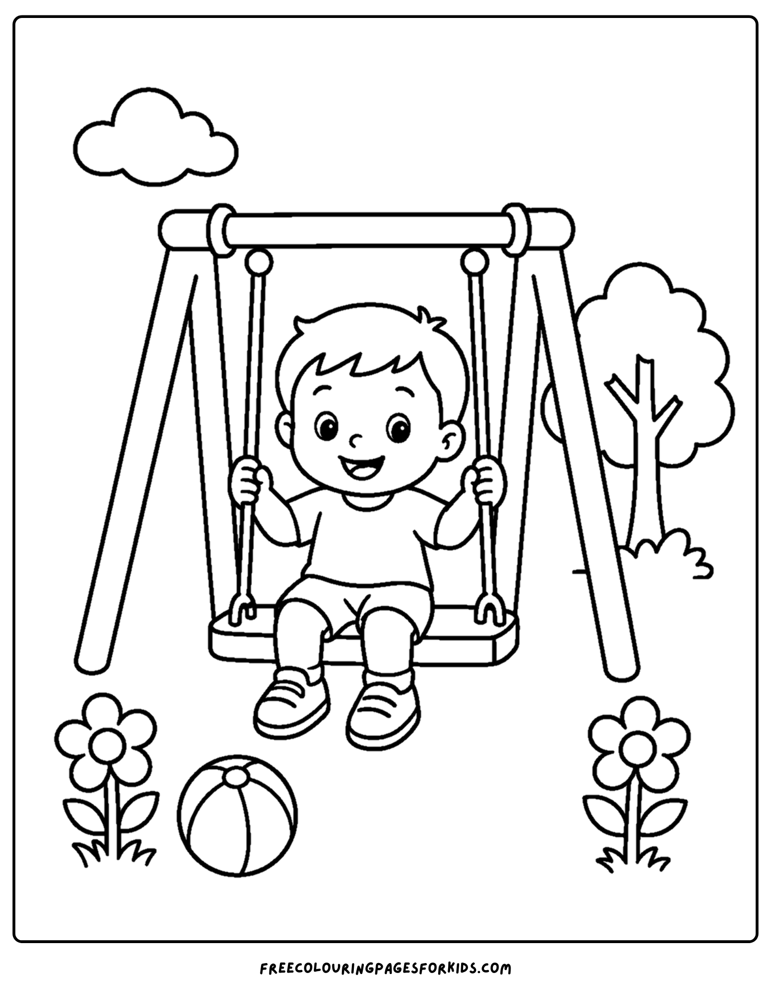 a toddler themed coloring page showing a small child on a playground swing