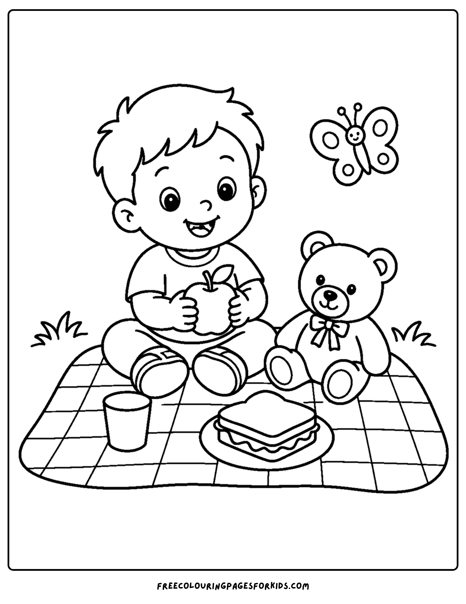 a toddler themed coloring page showing a small child having a picnic with their teddy bear