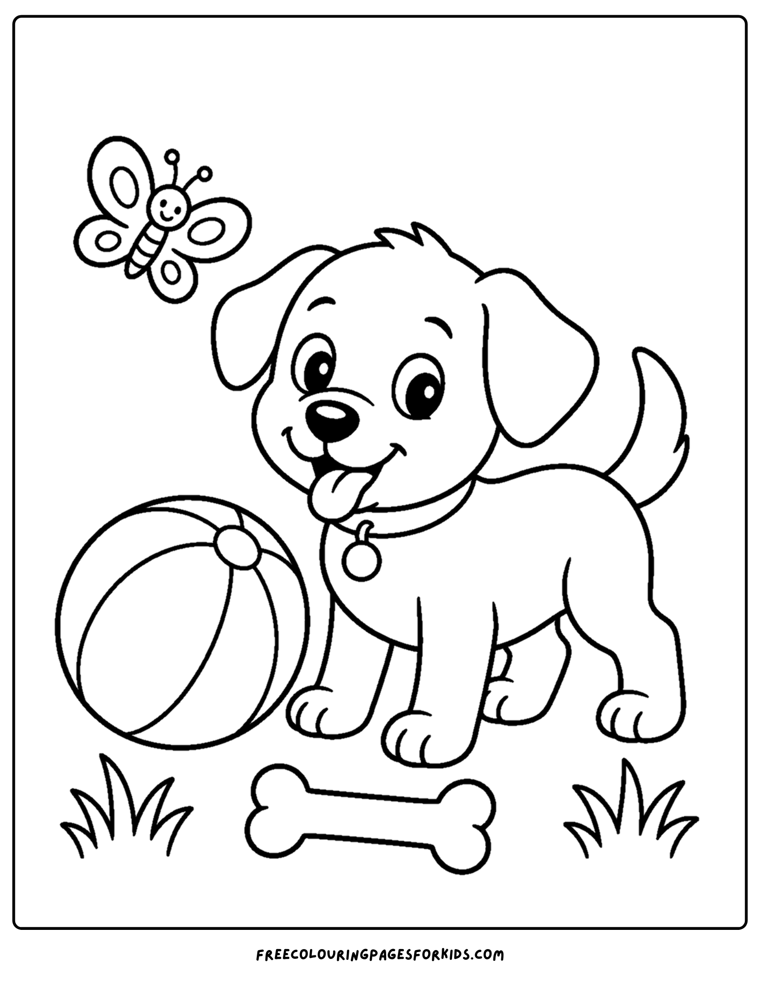 a toddler themed coloring page showing a playful puppy with a ball