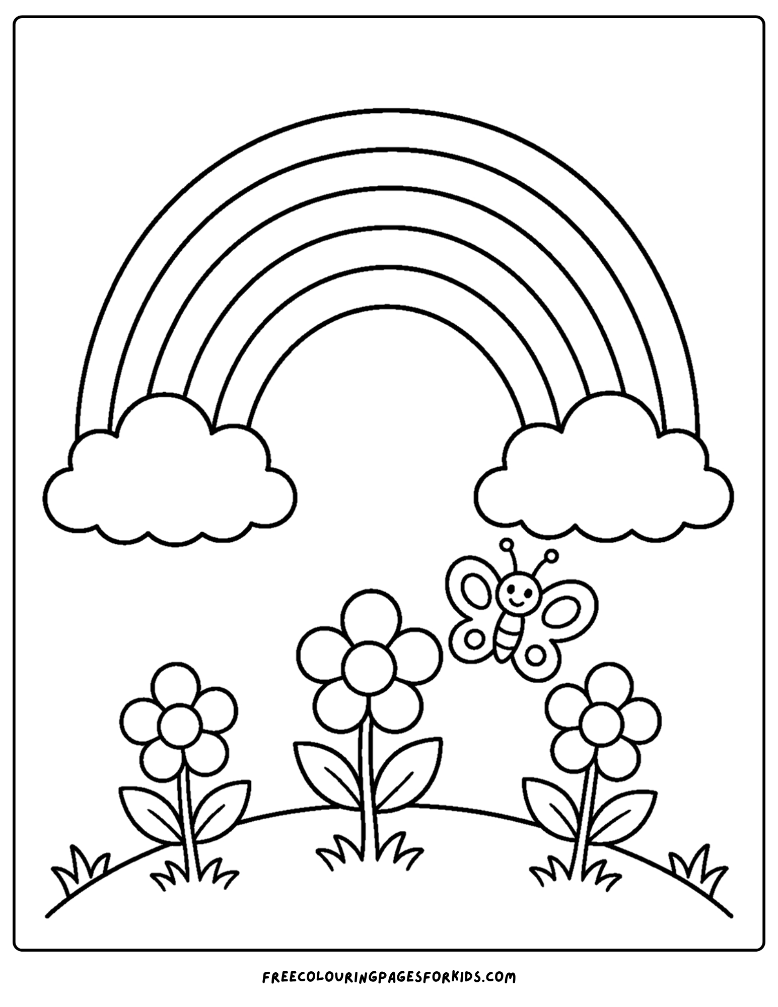 a toddler themed coloring page showing a rainbow over a flower meadow
