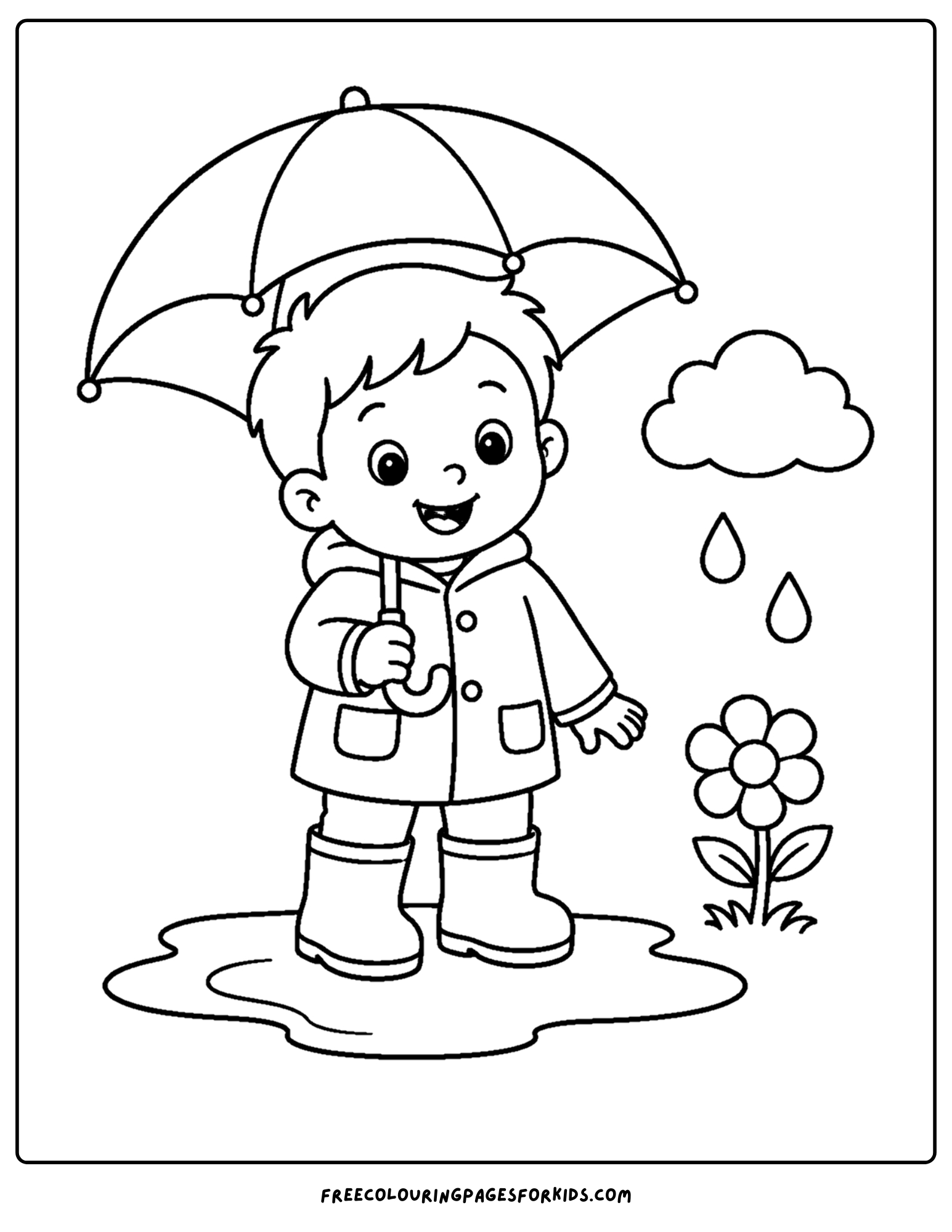 a toddler themed coloring page showing a small child under an umbrella in the rain