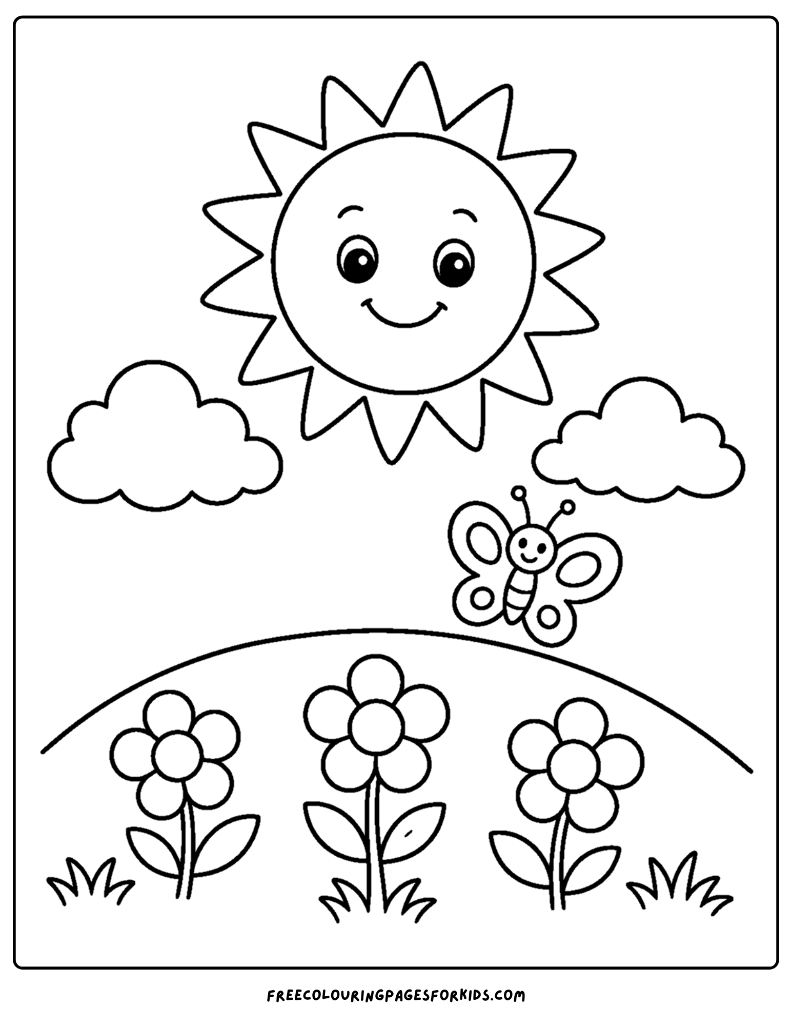 a toddler themed coloring page showing a smiling sun above a flower meadow