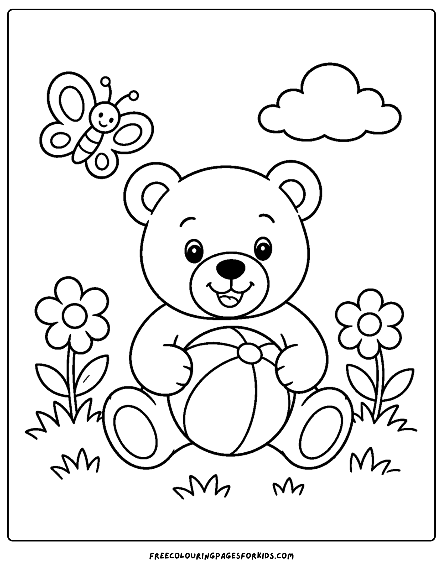a toddler themed coloring page showing a smiling teddy bear beside flowers