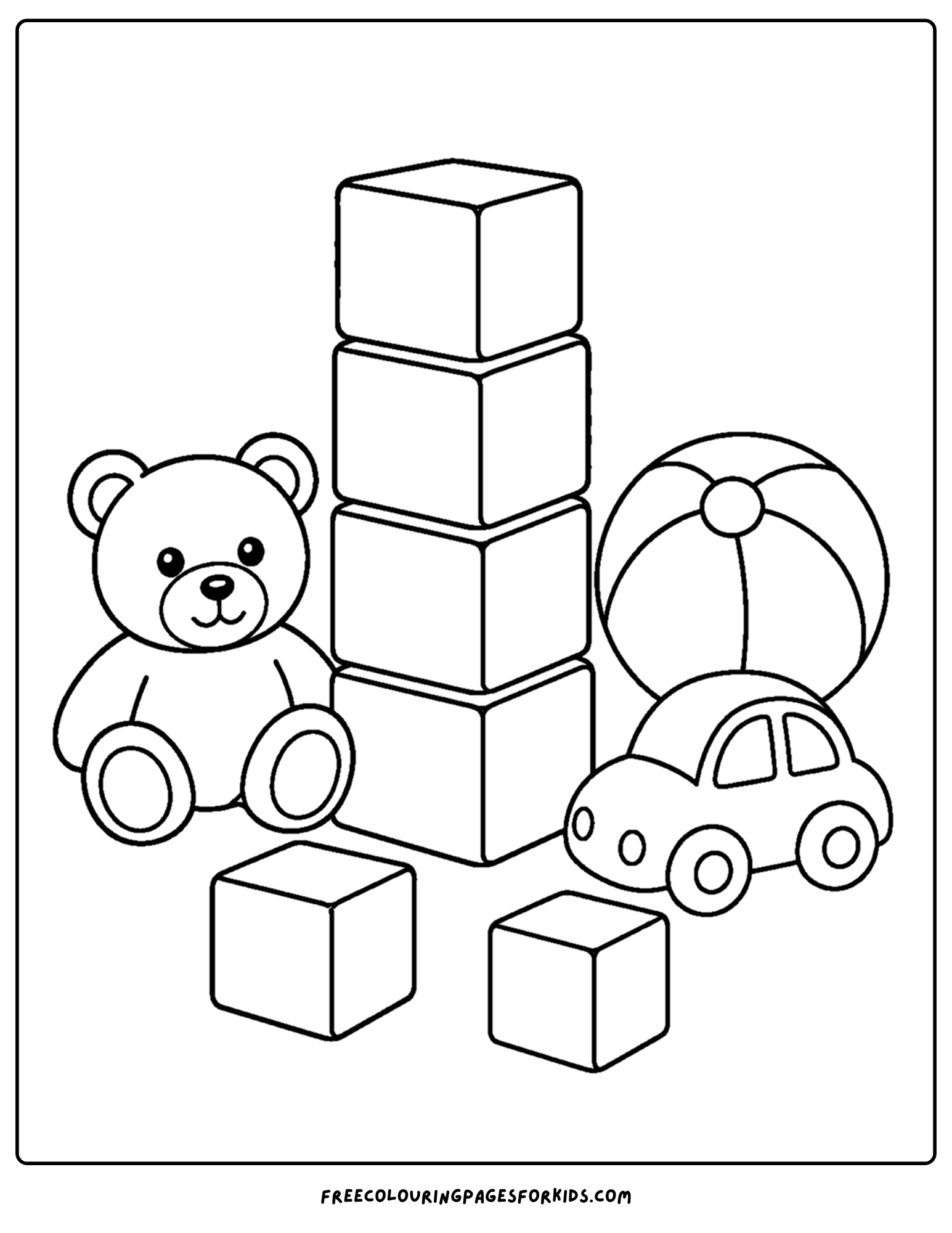 a toddler themed coloring page showing a toy block tower and teddy bear