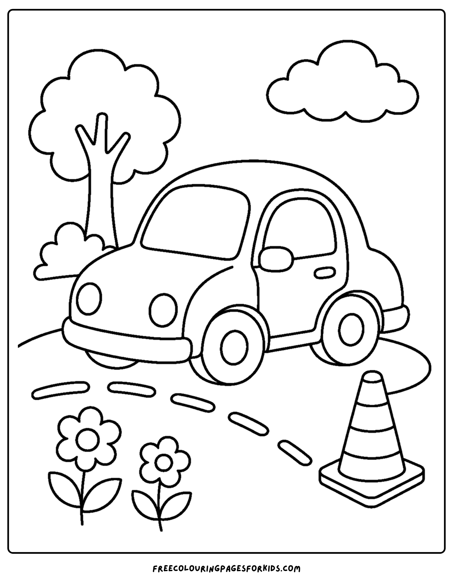 a toddler themed coloring page showing a toy car on a play road