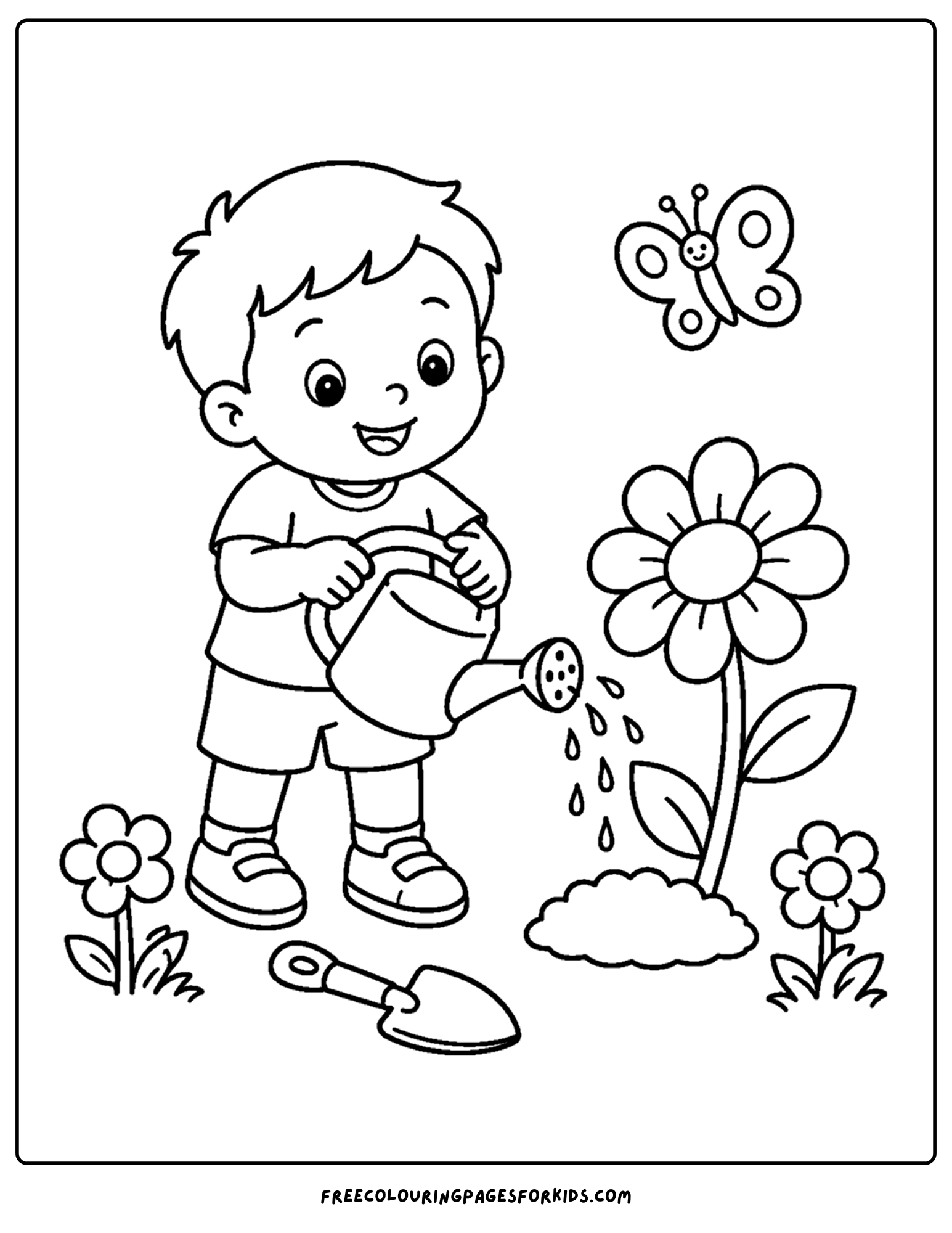 a toddler themed coloring page showing a child watering a flower