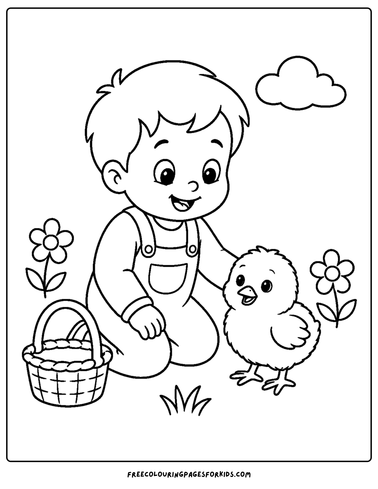 a toddler themed coloring page showing a small child with a baby chick