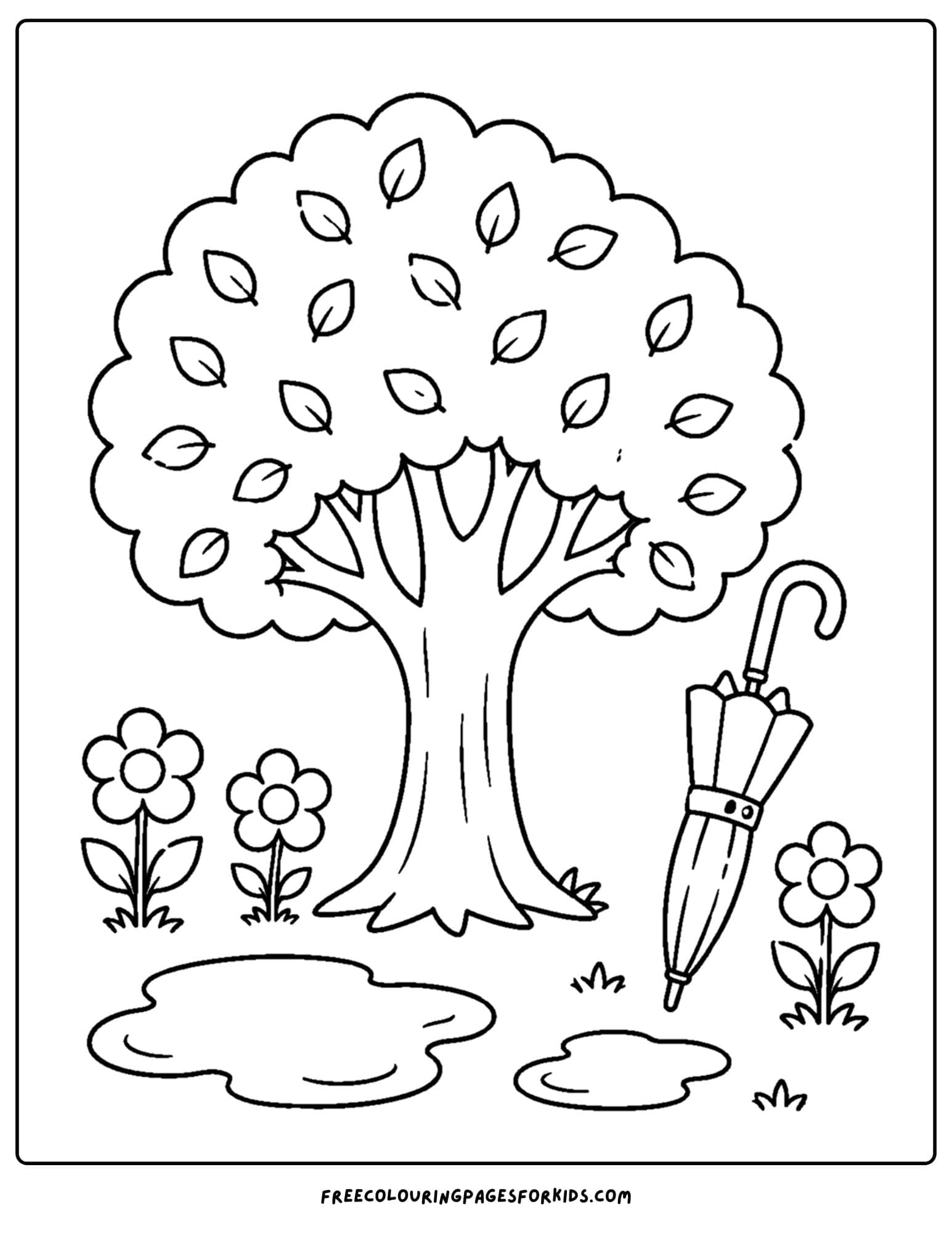 a coloring page of a tree after some rain