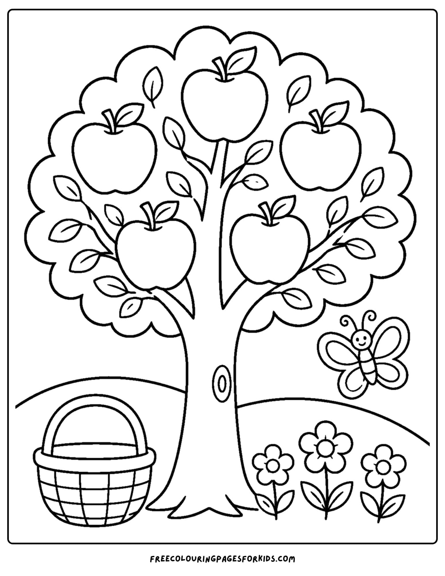a coloring page of an apple tree in a meadow