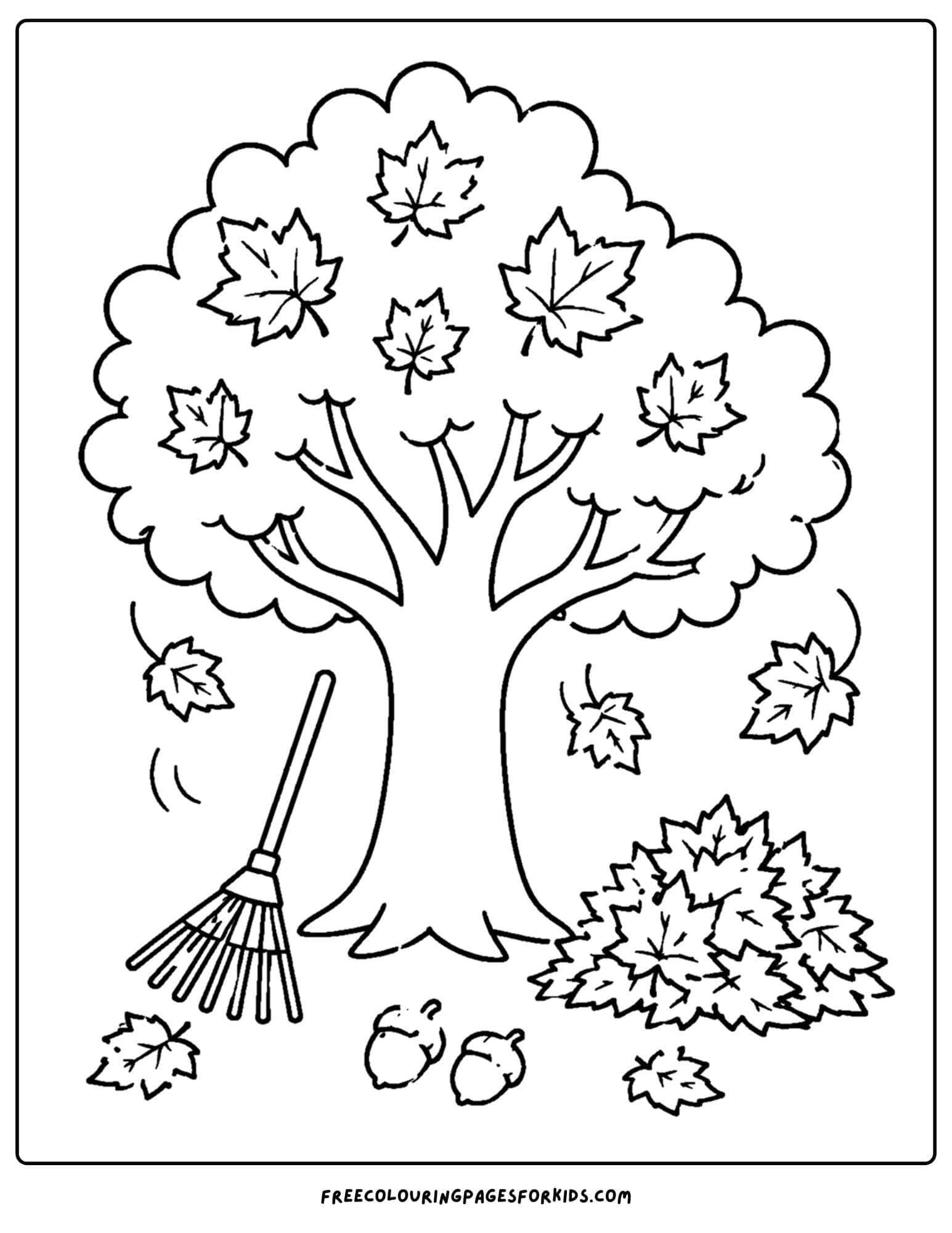 a coloring page of a maple tree with leaves on the ground