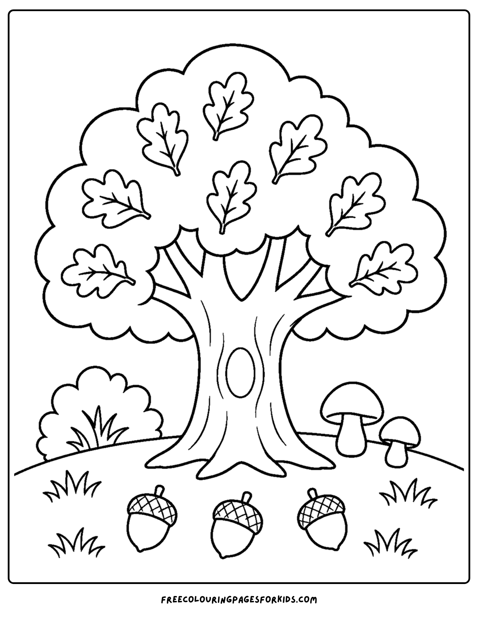a coloring page of a big oak tree