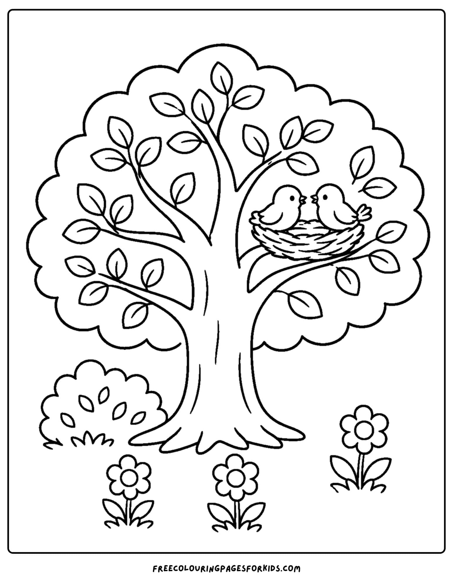 a coloring page of a tree with a bird nest in it