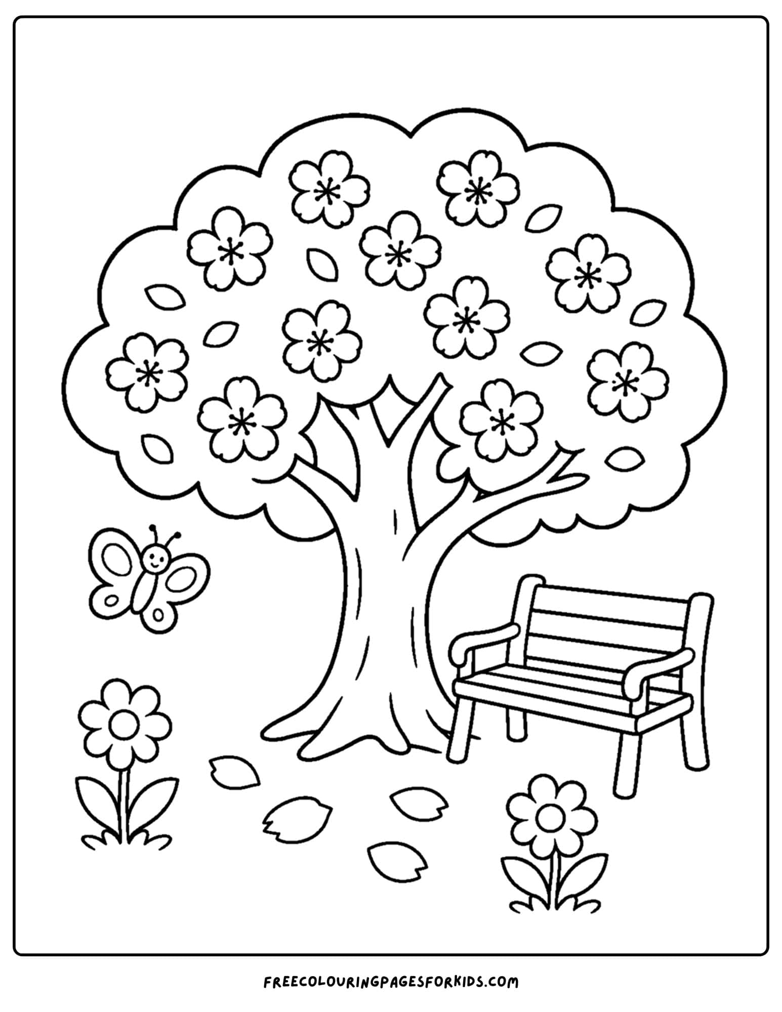 a coloring page of a cherry tree in bloom