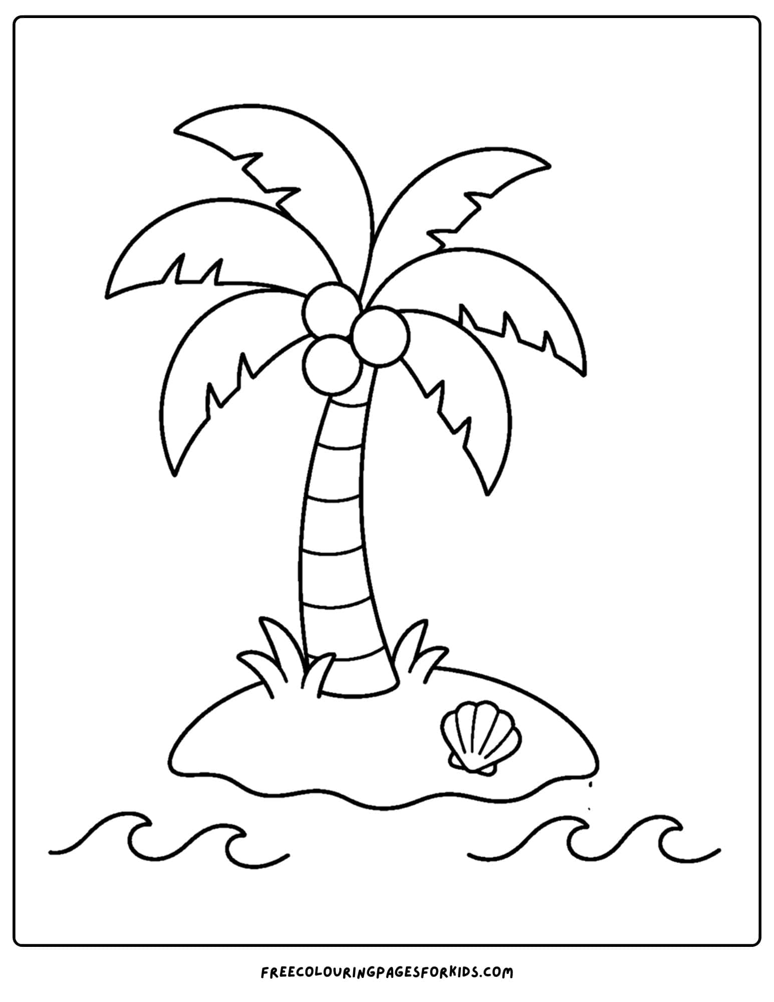 a coloring page of a palm tree on a little island