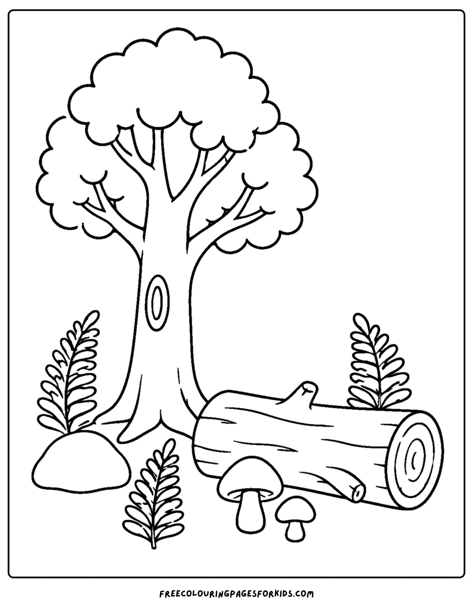 a coloring page of a tree with a fallen log