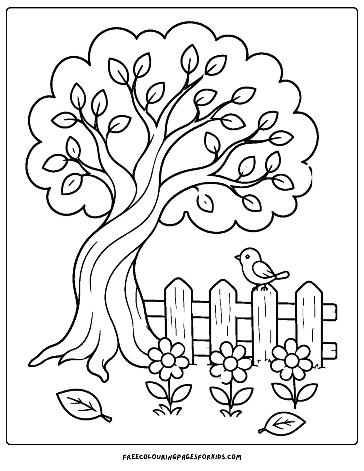 a coloring page of a tree beside a garden fence