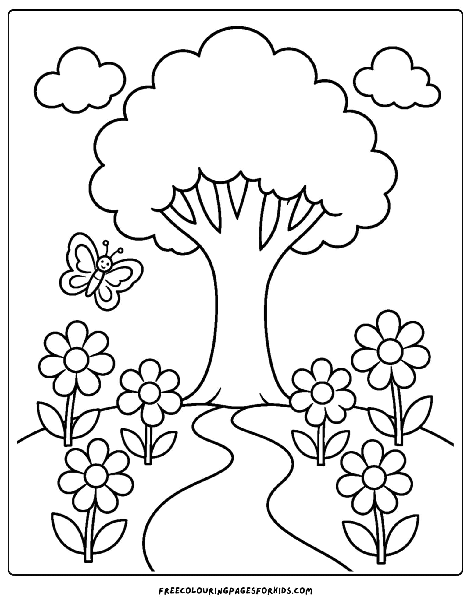 a coloring page of a tree in a flower field with a path