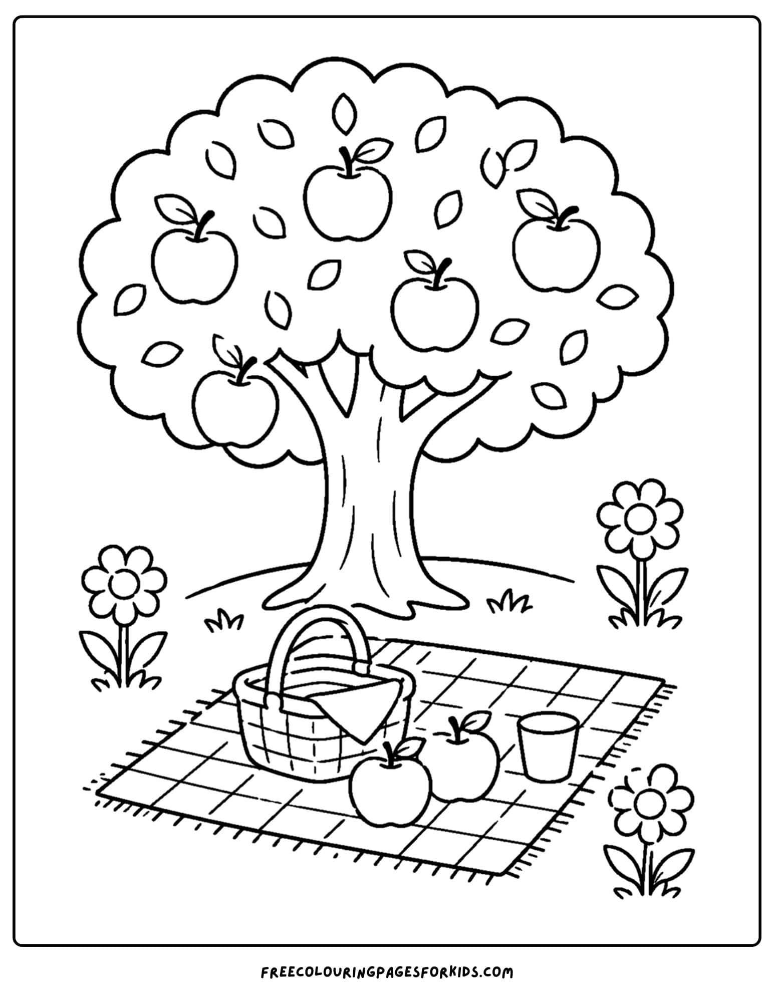 a coloring page of an apple tree with a picnic below it