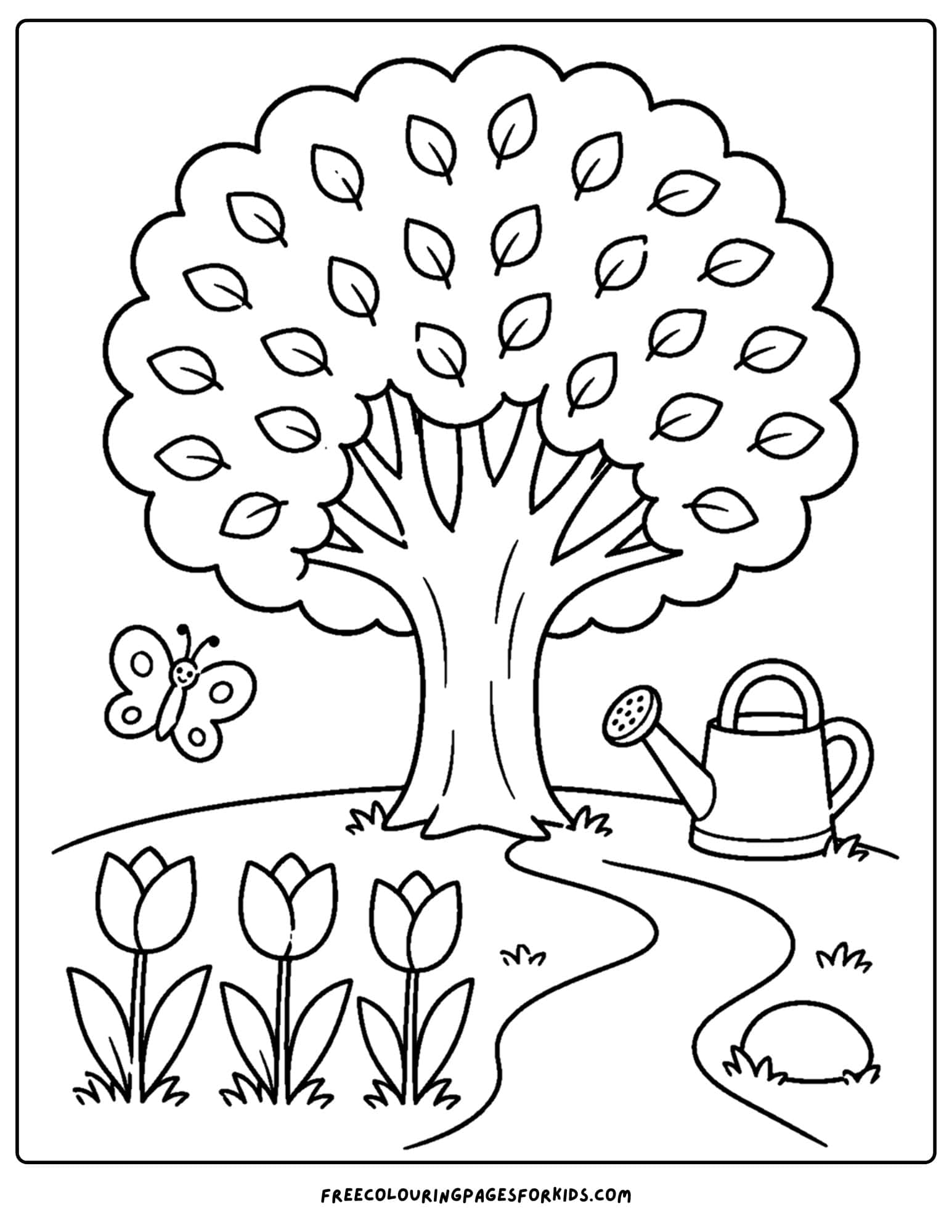 a coloring page of a tree in a garden
