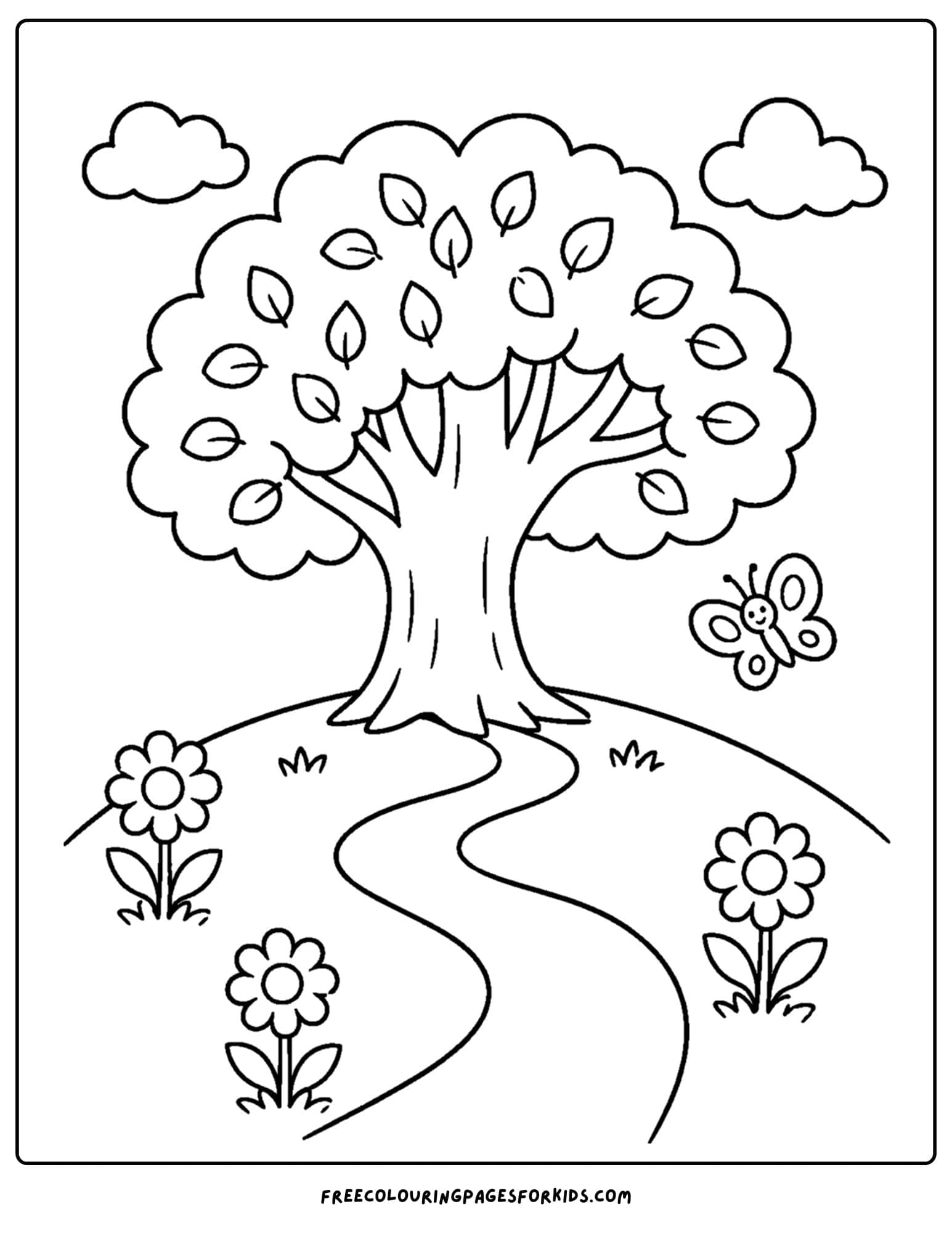 a coloring page of a tree on a grassy hill