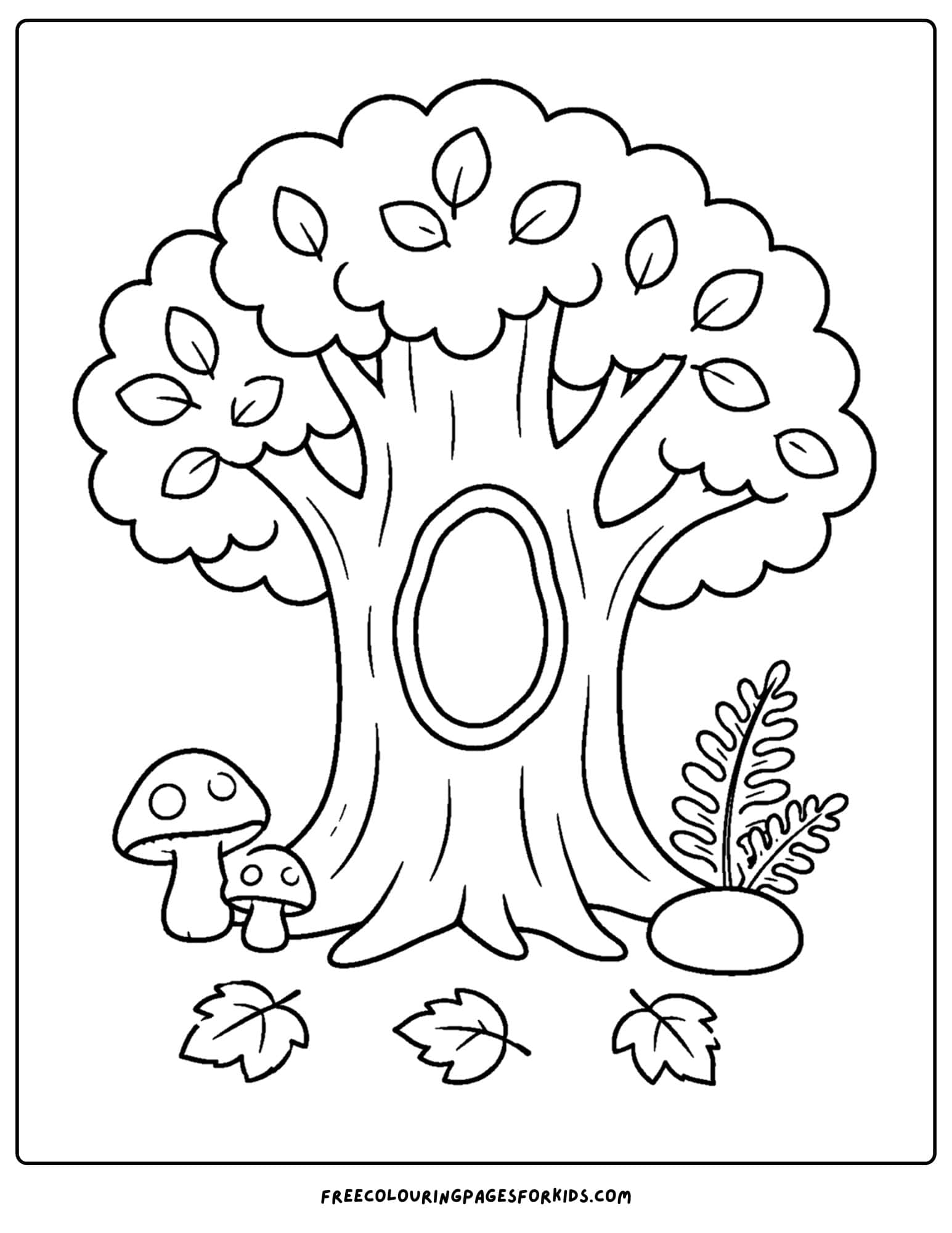 a coloring page of a tree with a hollow in it for an animal to live