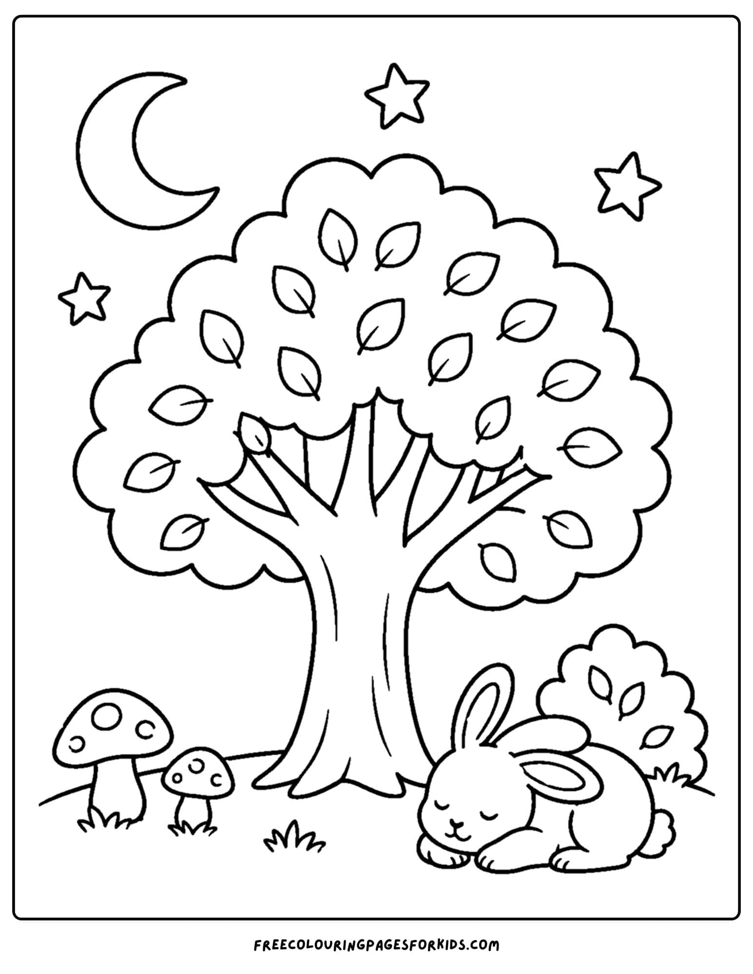 a coloring page of a tree with a rabbit sleeping underneath it at night