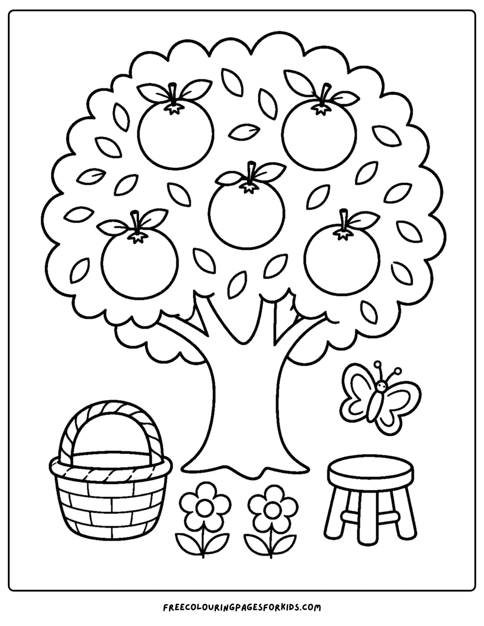a coloring page of a orange tree in a garden
