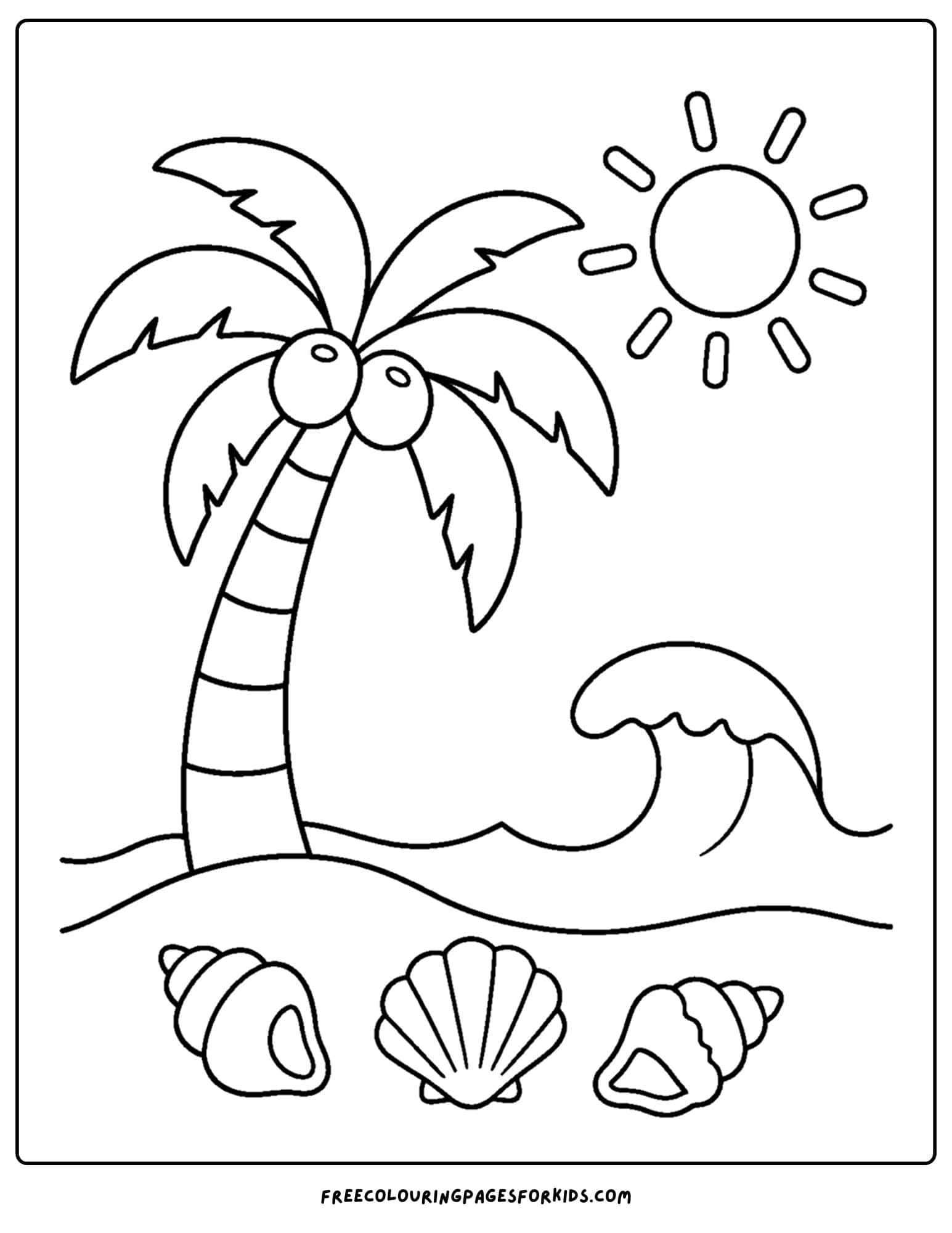 a coloring page of a palm tree on the shore