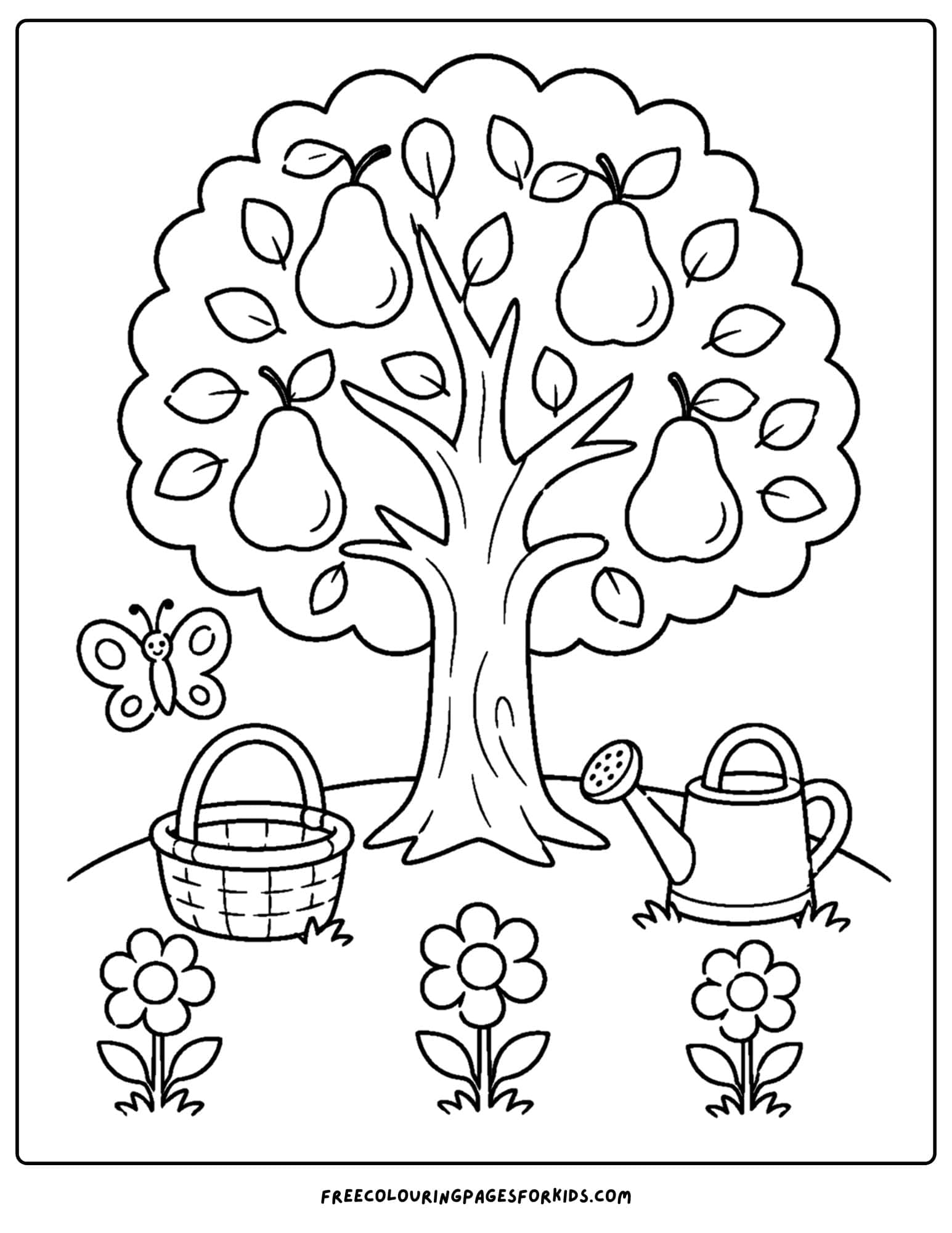 a coloring page of a pear tree on a hill with flowers