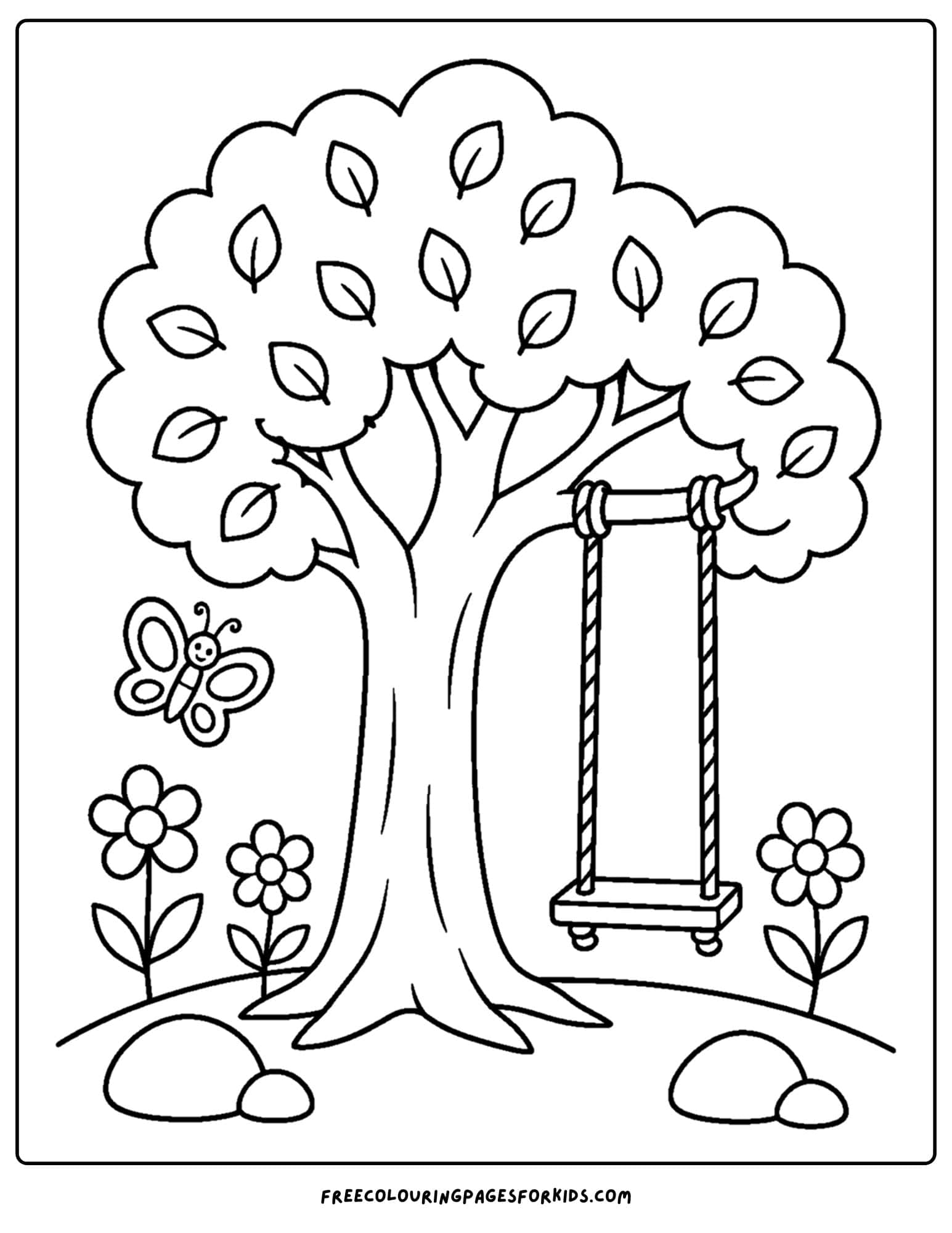a coloring page of a tree with a rope swing on a branch