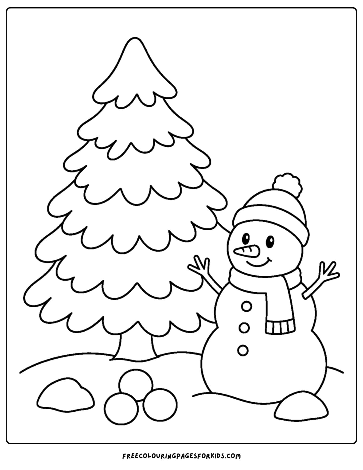 a coloring page of a tree beside a snowman