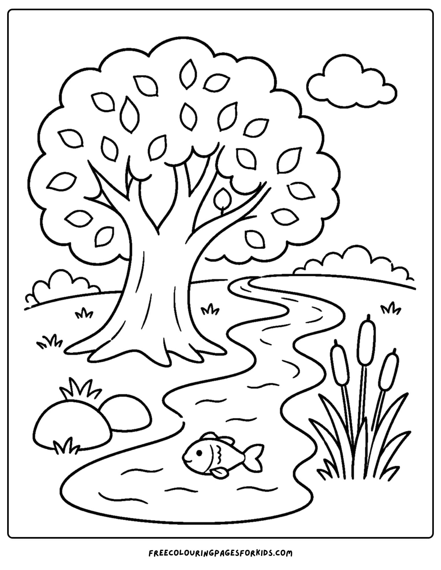 a coloring page of a tree beside a stream with a fish in it