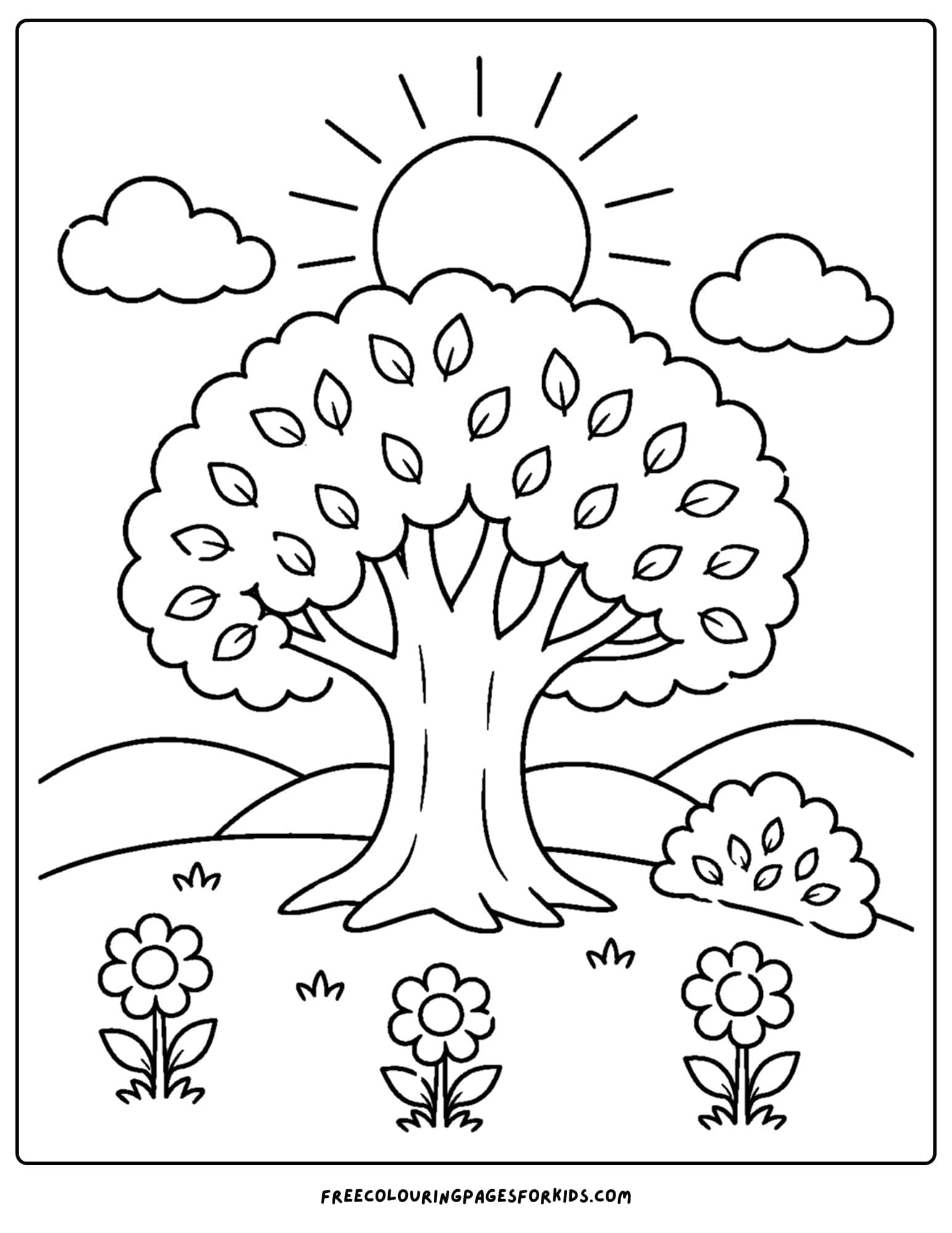 a coloring page of a tree in a meadow with the sunrise behind it