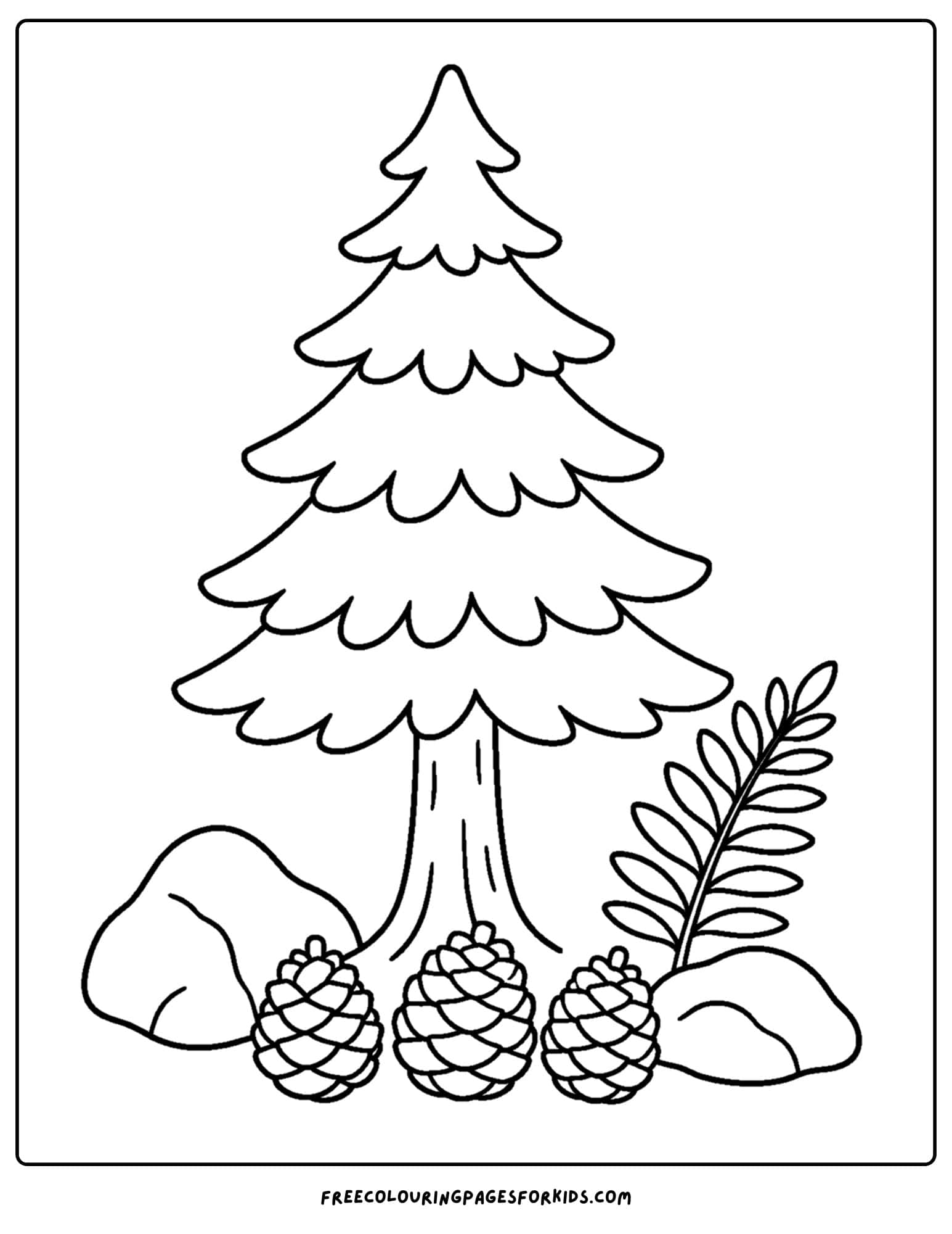 a coloring page of a tall pine tree with pine cones underneath
