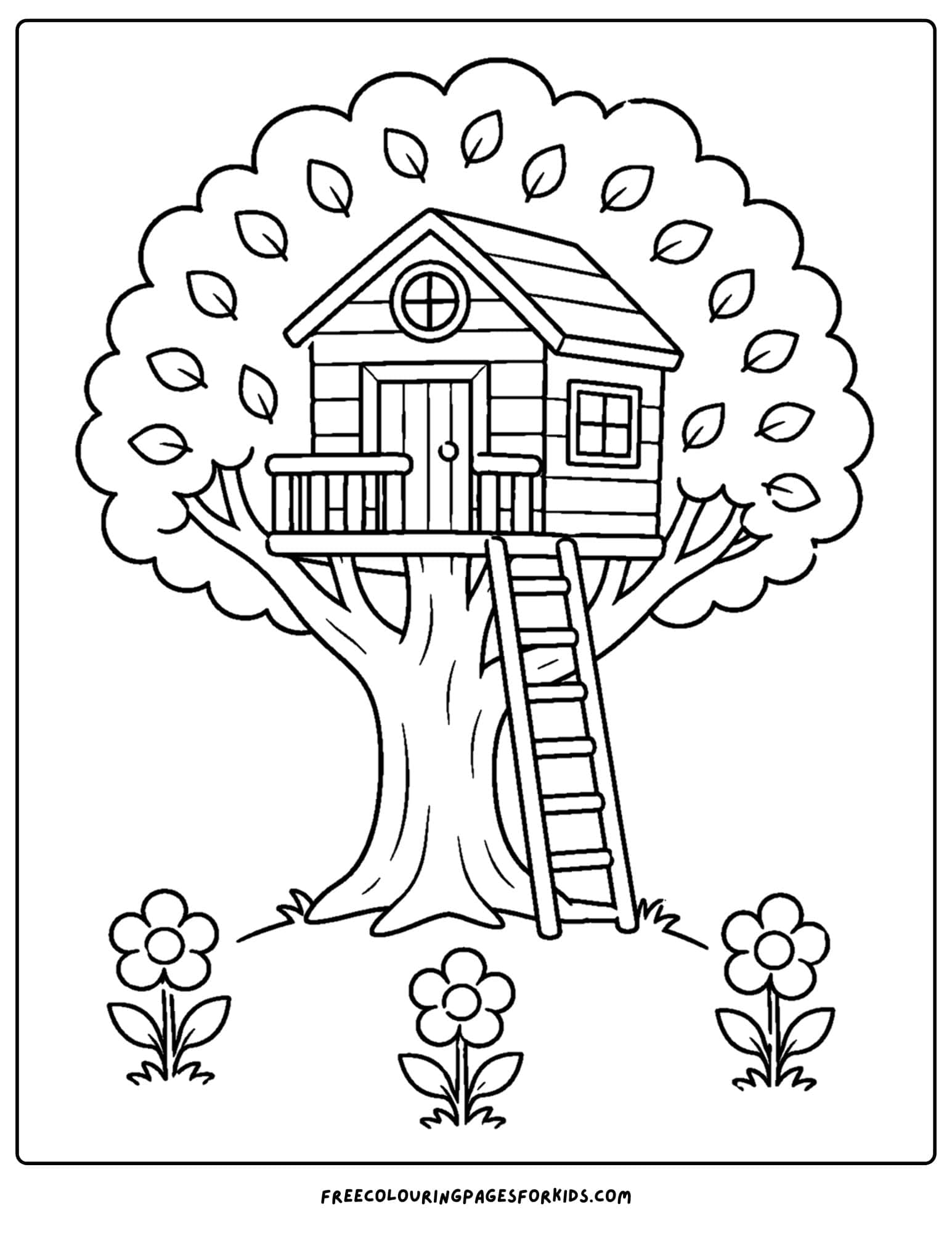 a coloring page of a tree with a treehouse built in it