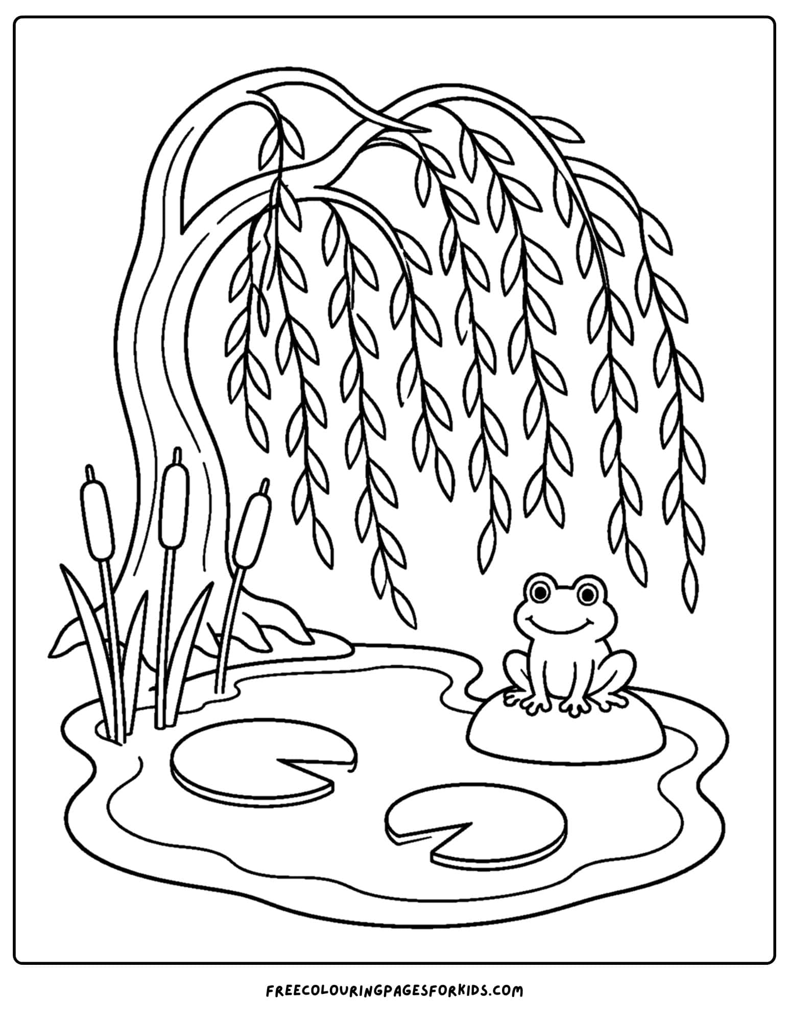 a coloring page of a willow tree by a pond