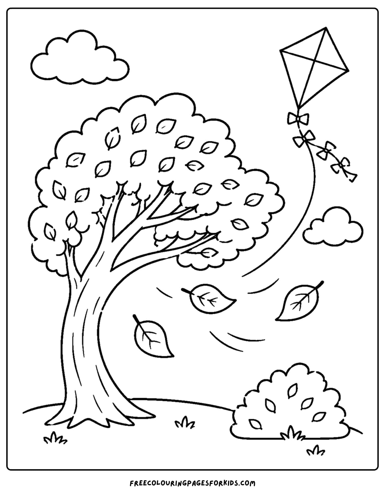 a coloring page of a tree with leaves blowing sideways on a windy day