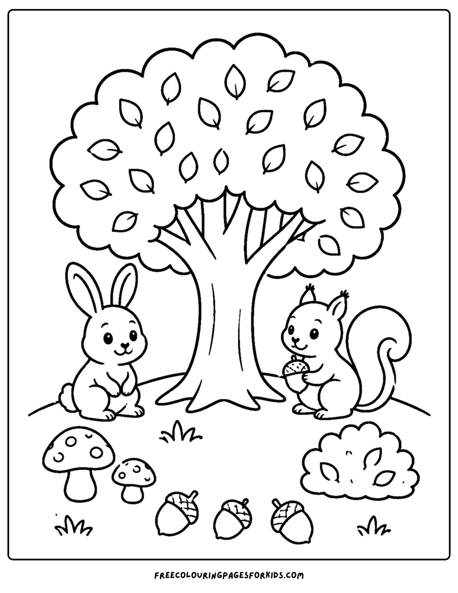 a coloring page of a tree with woodland animals underneath