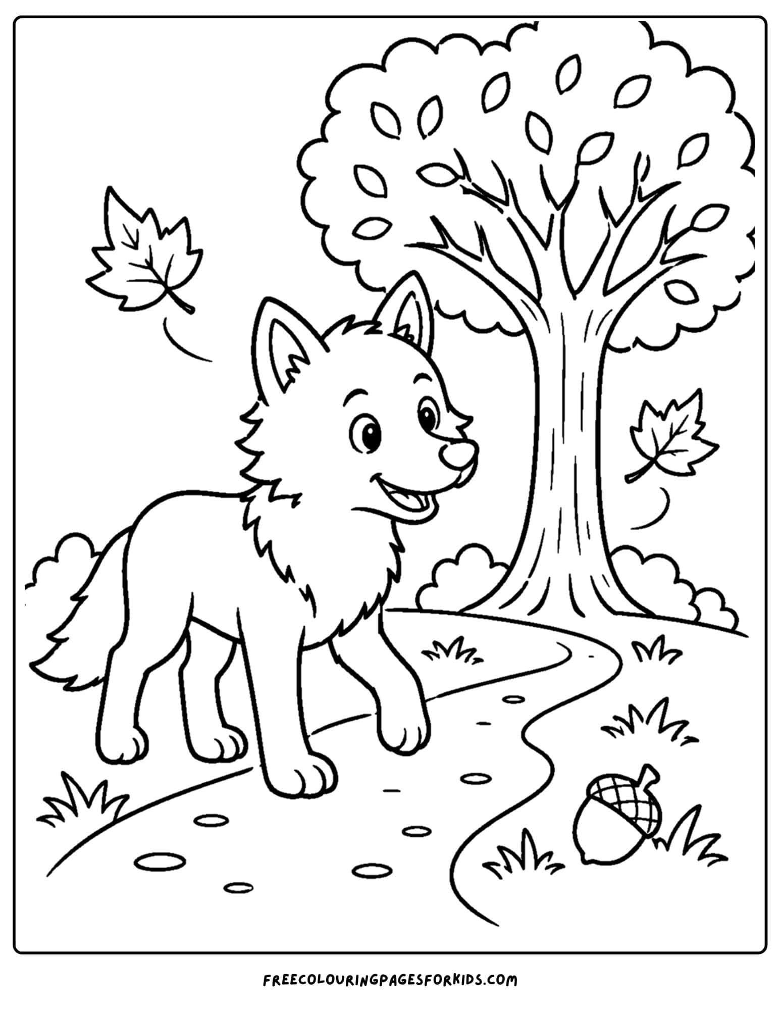 a coloring page of a wolf walking along a path in fall