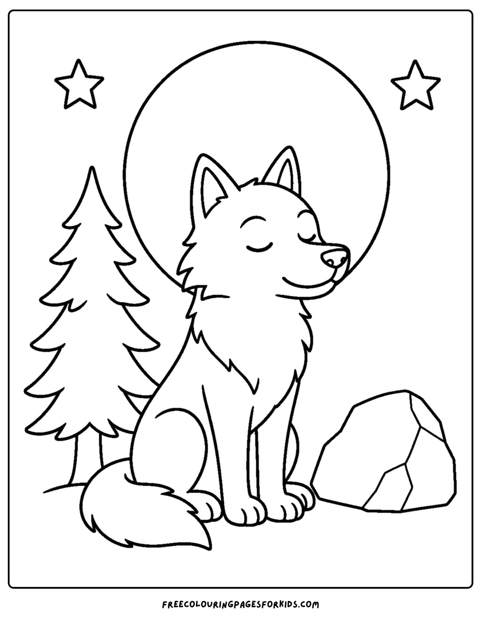 a coloring page of a wolf sitting under the moonlight