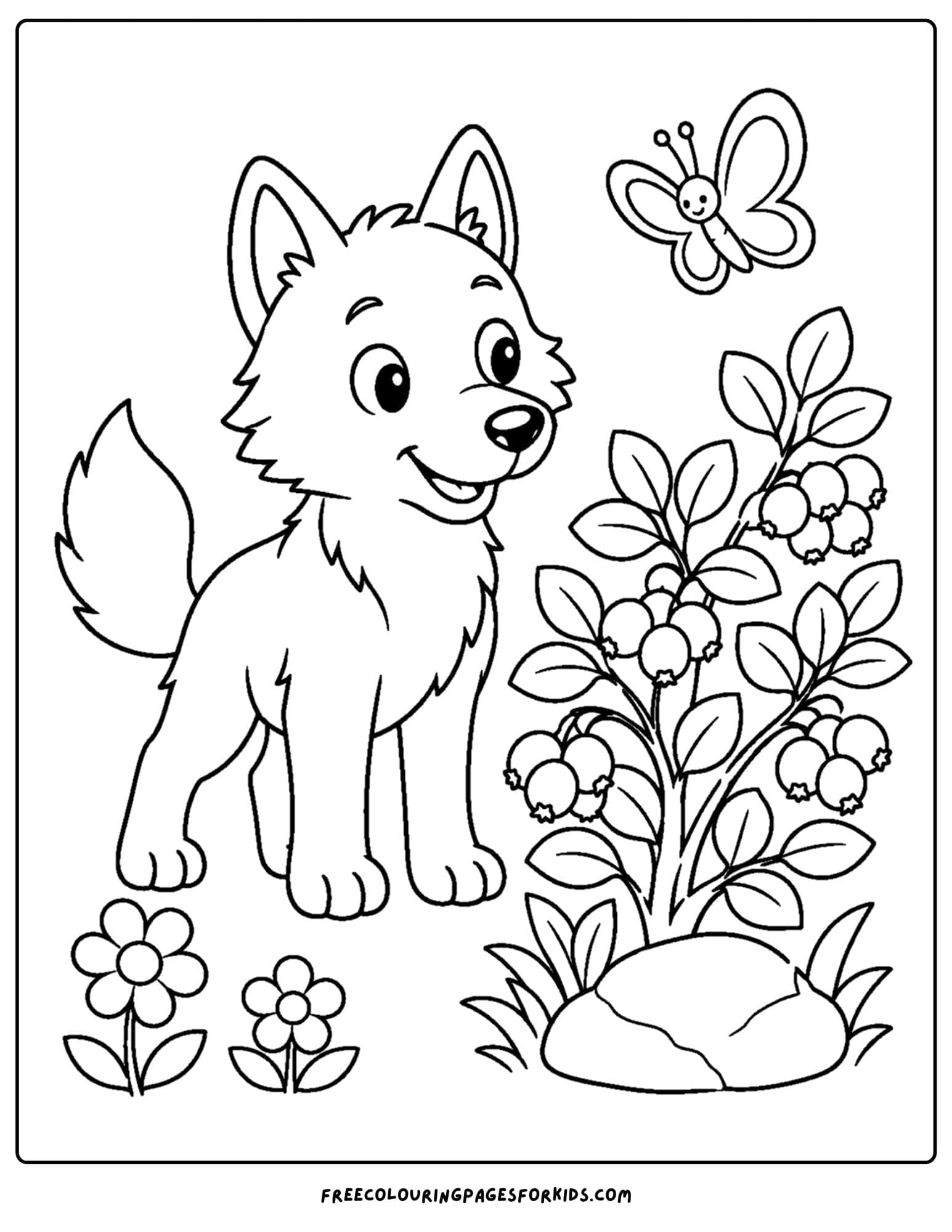 a coloring page of a wolf beside a berry bush