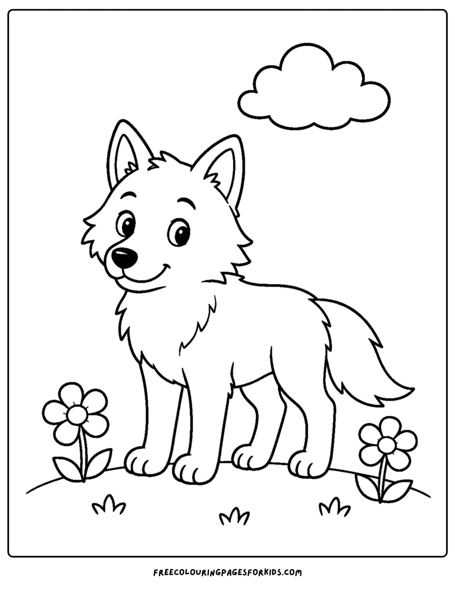 a coloring page of a wolf in a breezy meadow