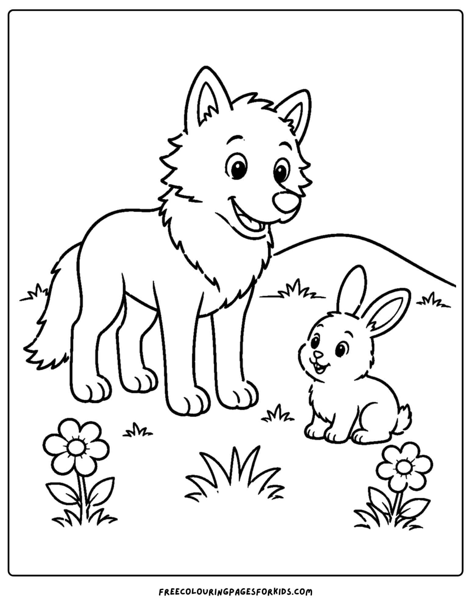 a coloring page of a wolf and a bunny on a hill