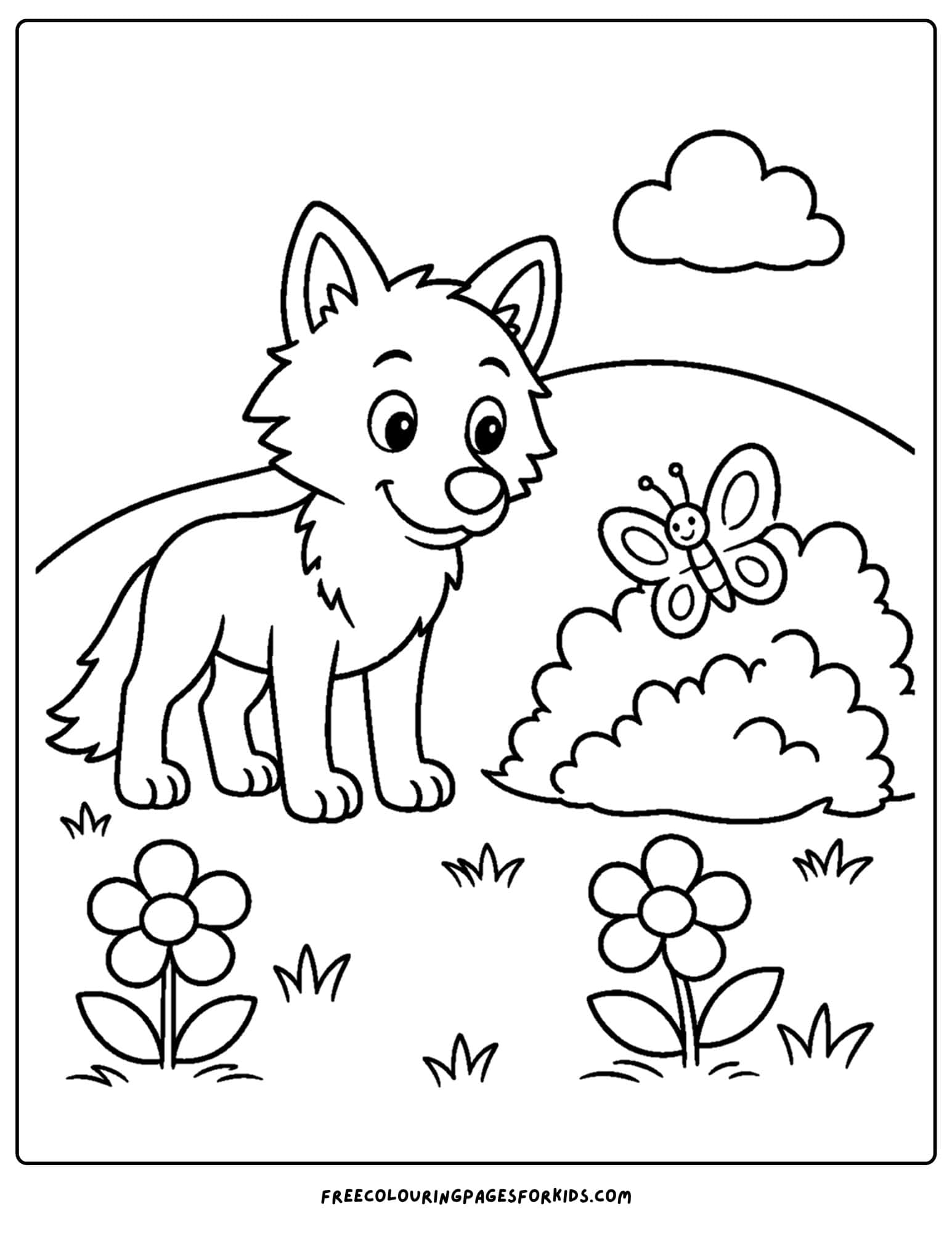 a coloring page of a wolf and a butterfly in a meadow